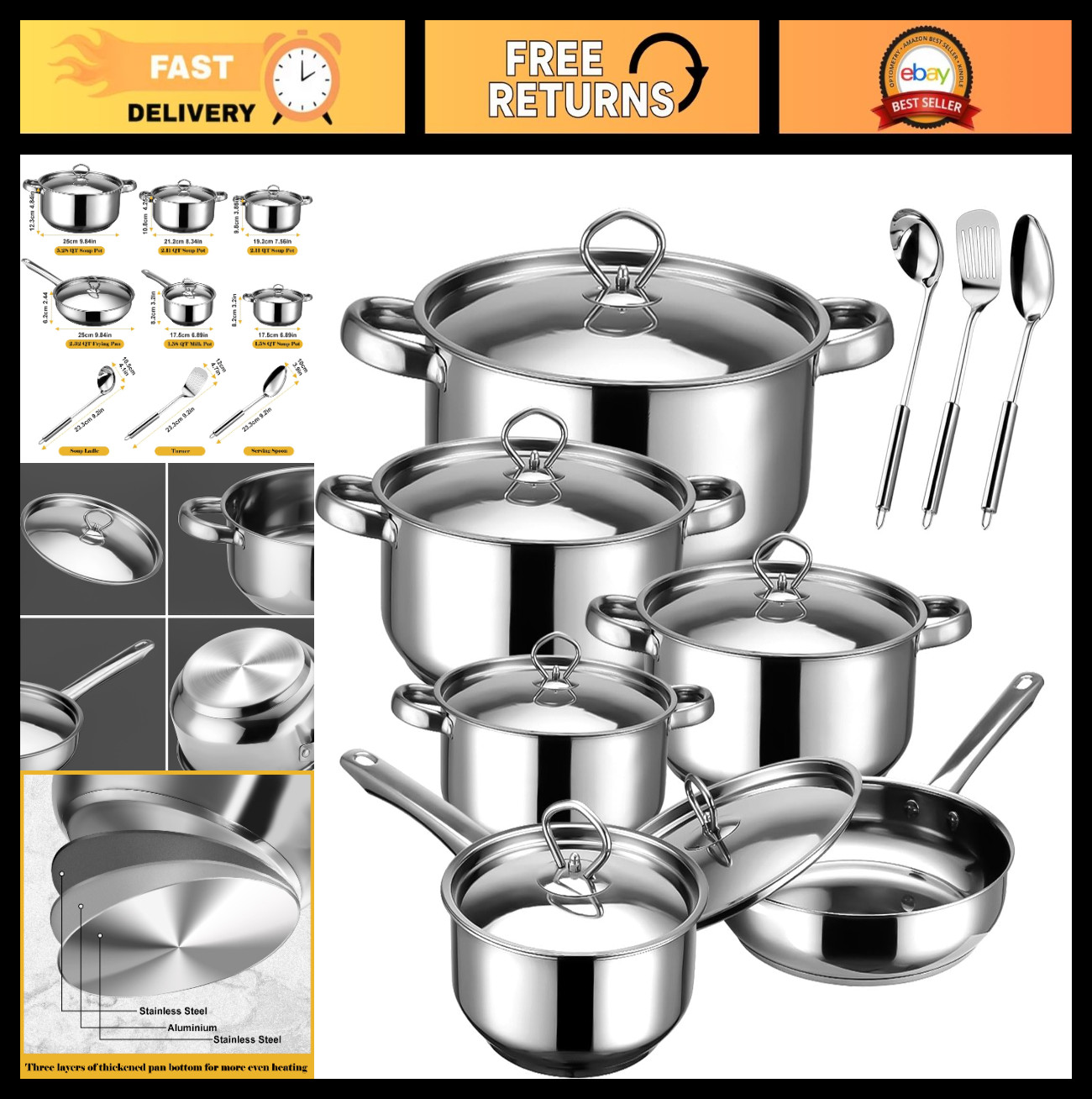 15-Piece Stainless Steel Cookware Set – Pots, Pans, Lids & Utensils, Induction &