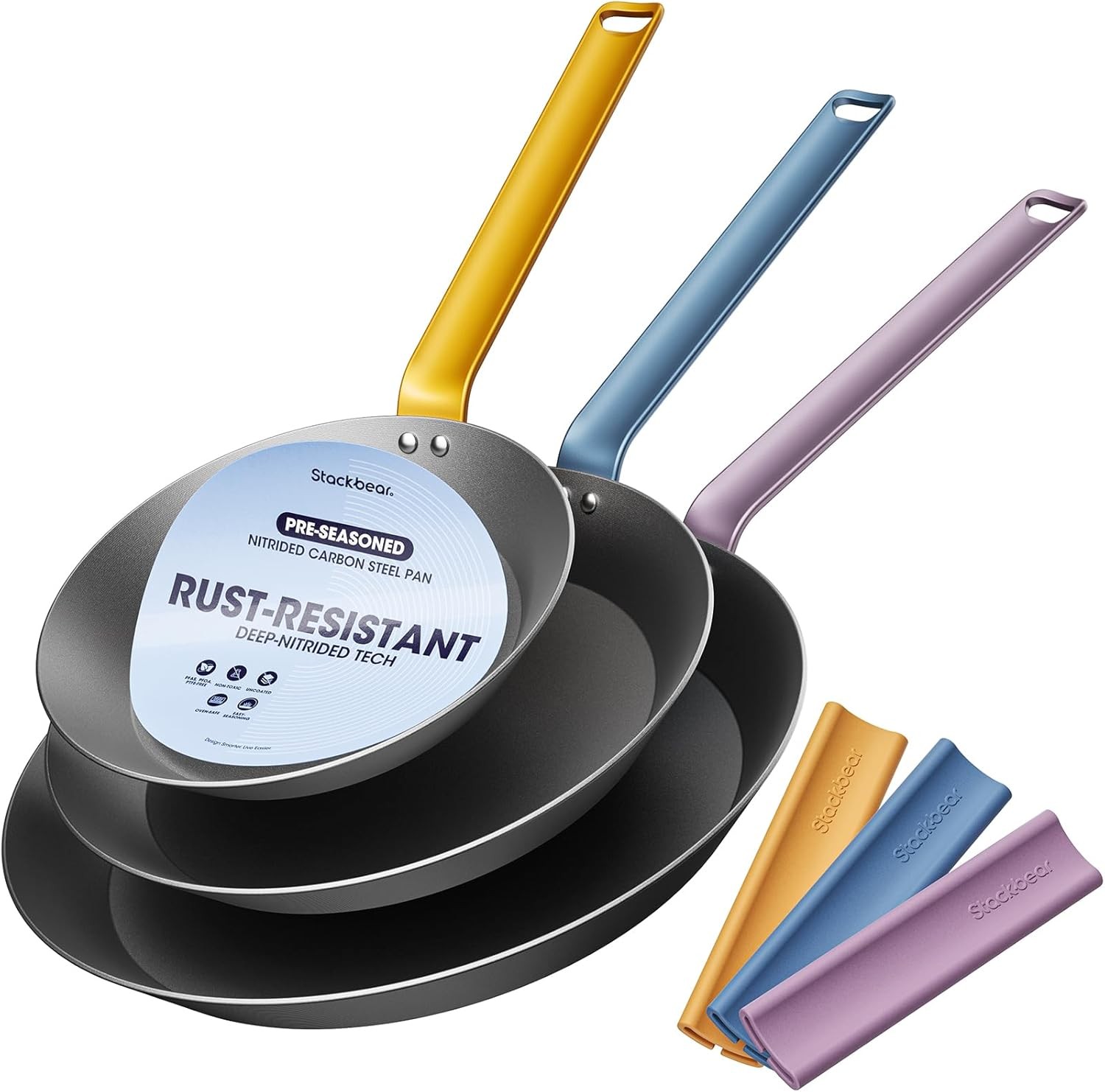 Carbon Steel Frying Pan Set 8″/10″/12″, Preseasoned Skillet Trio, Nitrided Rust