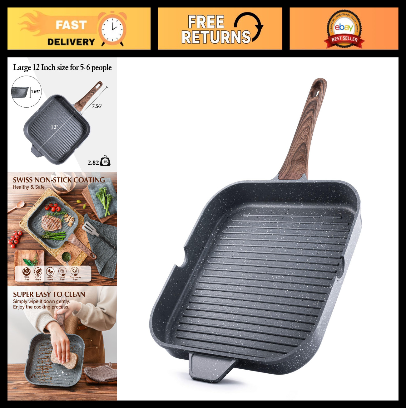 Nonstick Grill Pan 12″ for Stove Tops, Versatile Square Griddle with Pour Spouts