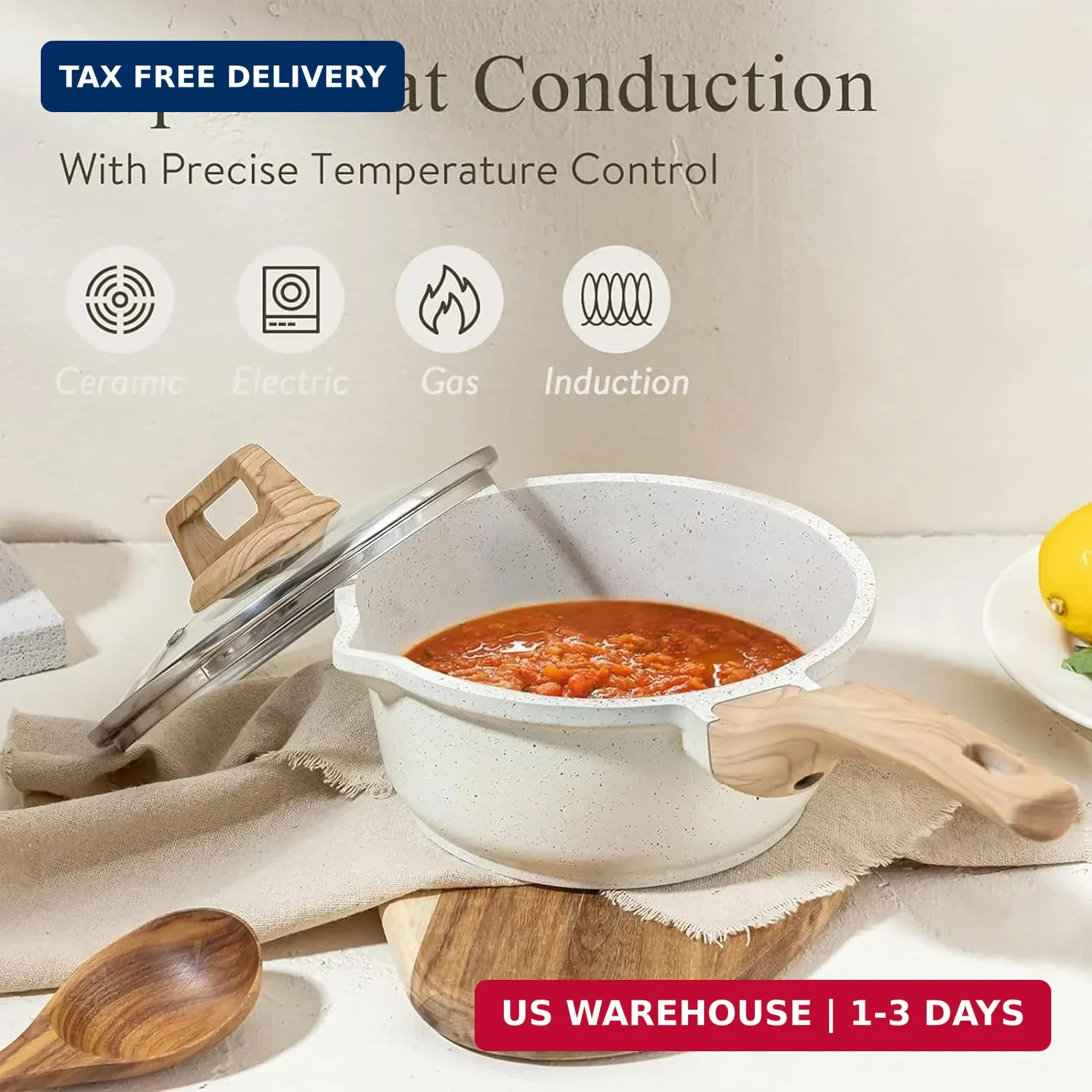 CAROTE 1.5Qt & 3.0Qt Sauce Pan Sets with Lid Cooking Pots Nonstick Saucepans Coo
