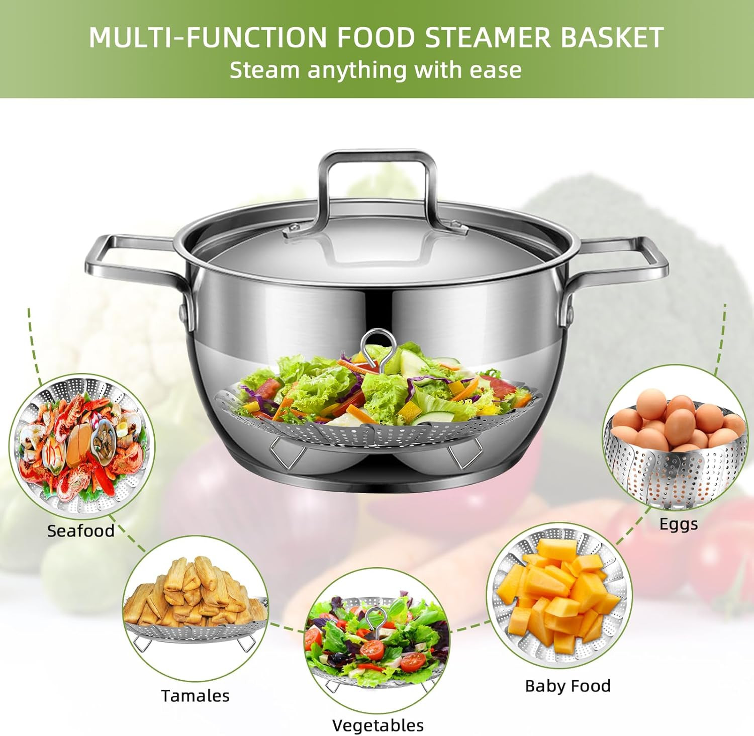 Steamer Basket Premium Stainless Steel Vegetable Steamer Basket (6.4″ to 10″)