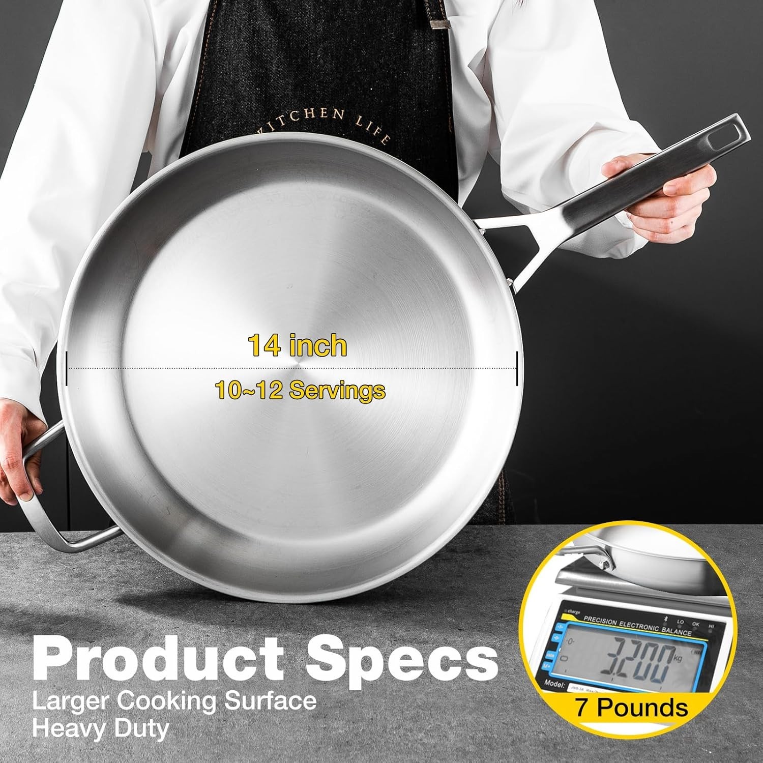NEW 14in Stainless Steel Frying Pan Heavy Duty Oven Dishwasher Safe 650°