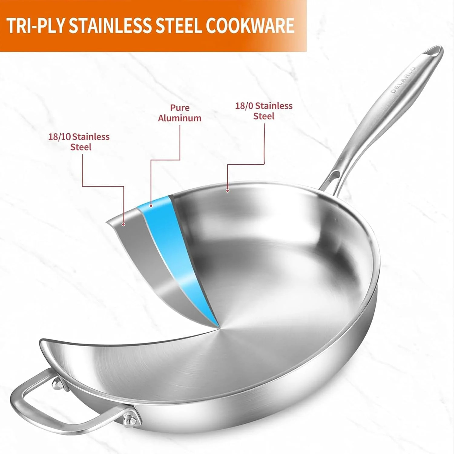 DELARLO Tri-Ply Stainless Steel Pan with Lid 12inch丨Compatible with All Cooktops