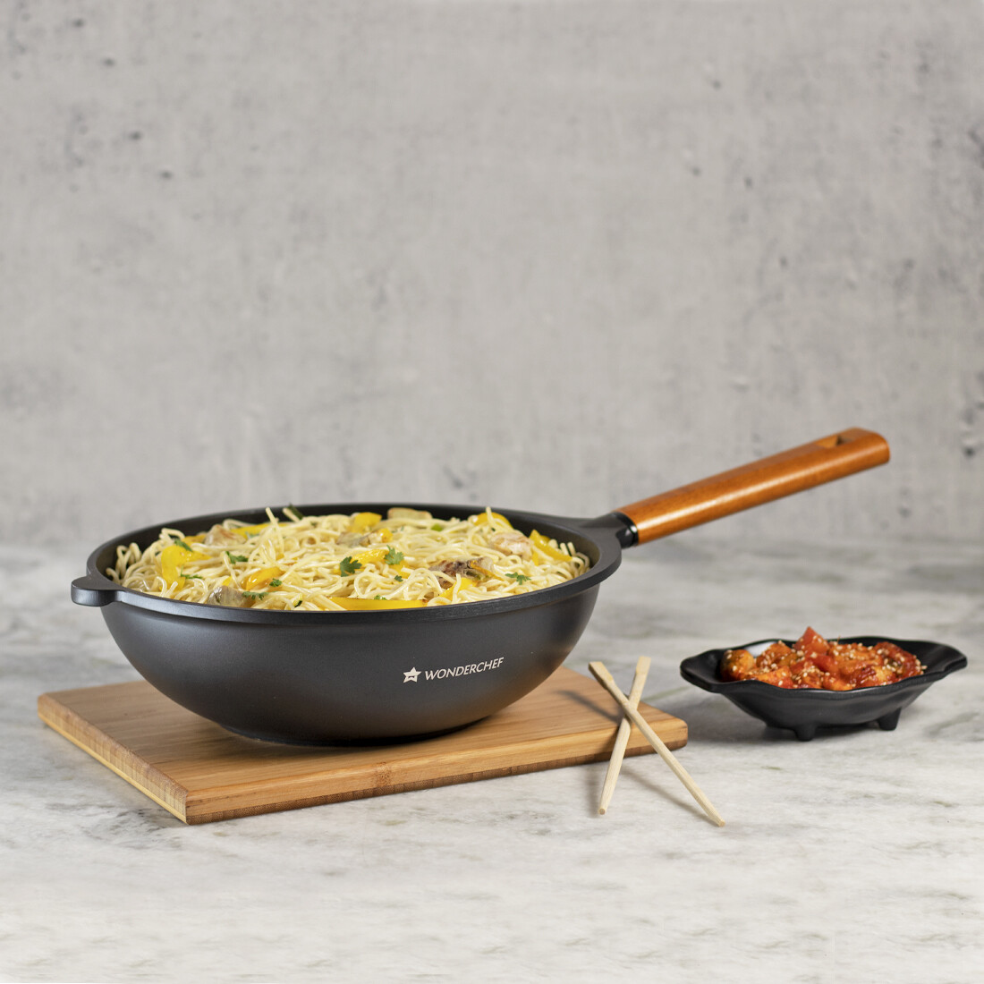 Wonderchef Die Cast Non-Stick Aluminum Indian Chinese Stir Fry Wok, 28 cm