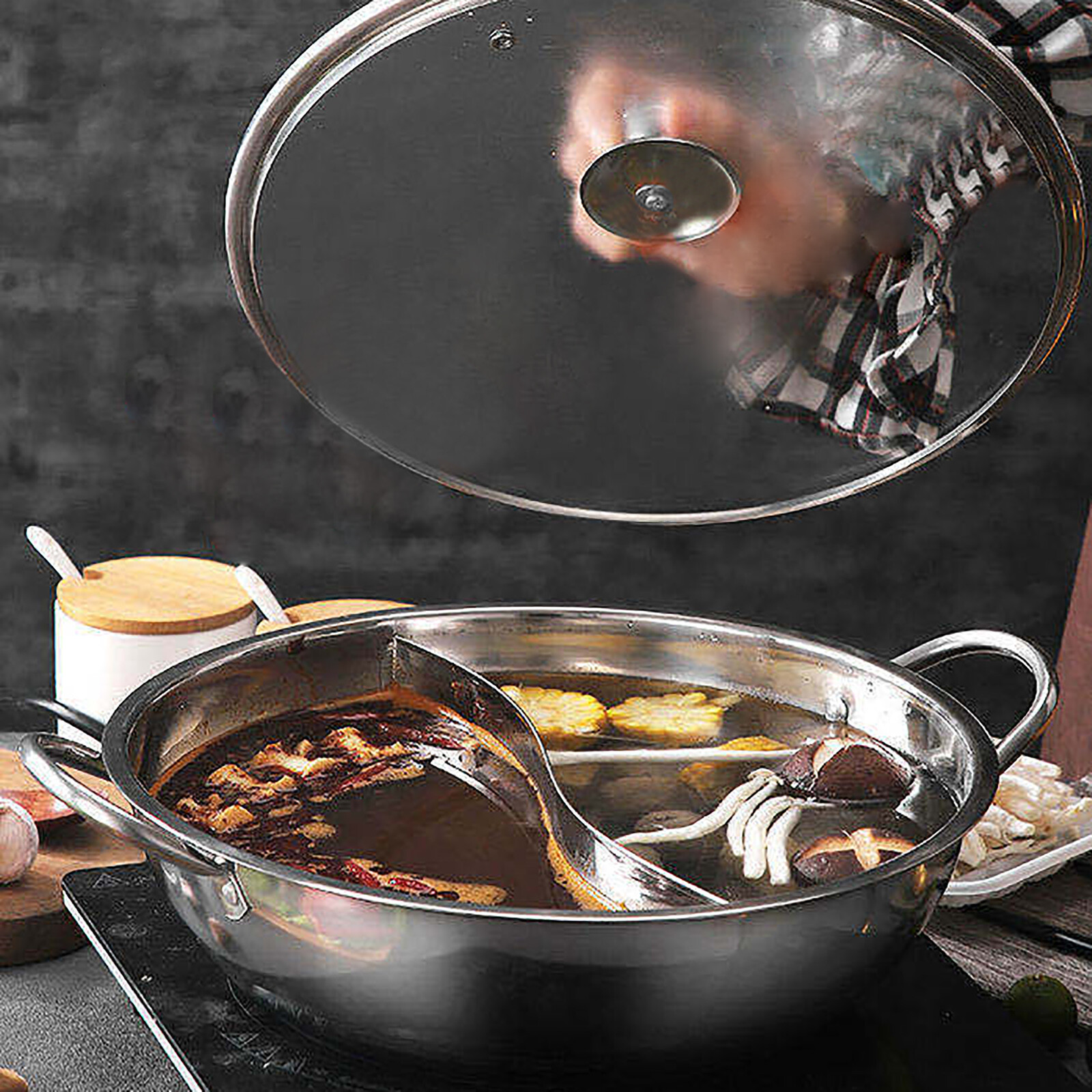 Shabu Shabu Hot Pot Glass Lid, Hot Plate Cookware Set, Stainless Steel Pot Kit