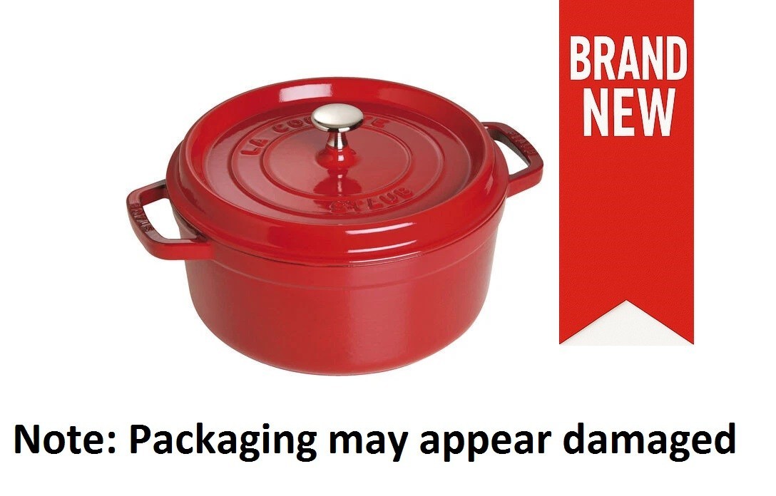 Staub Round Cocotte 4 Quart 9.4 inches 24 cm Large Double-Handed Cast Cherry Red
