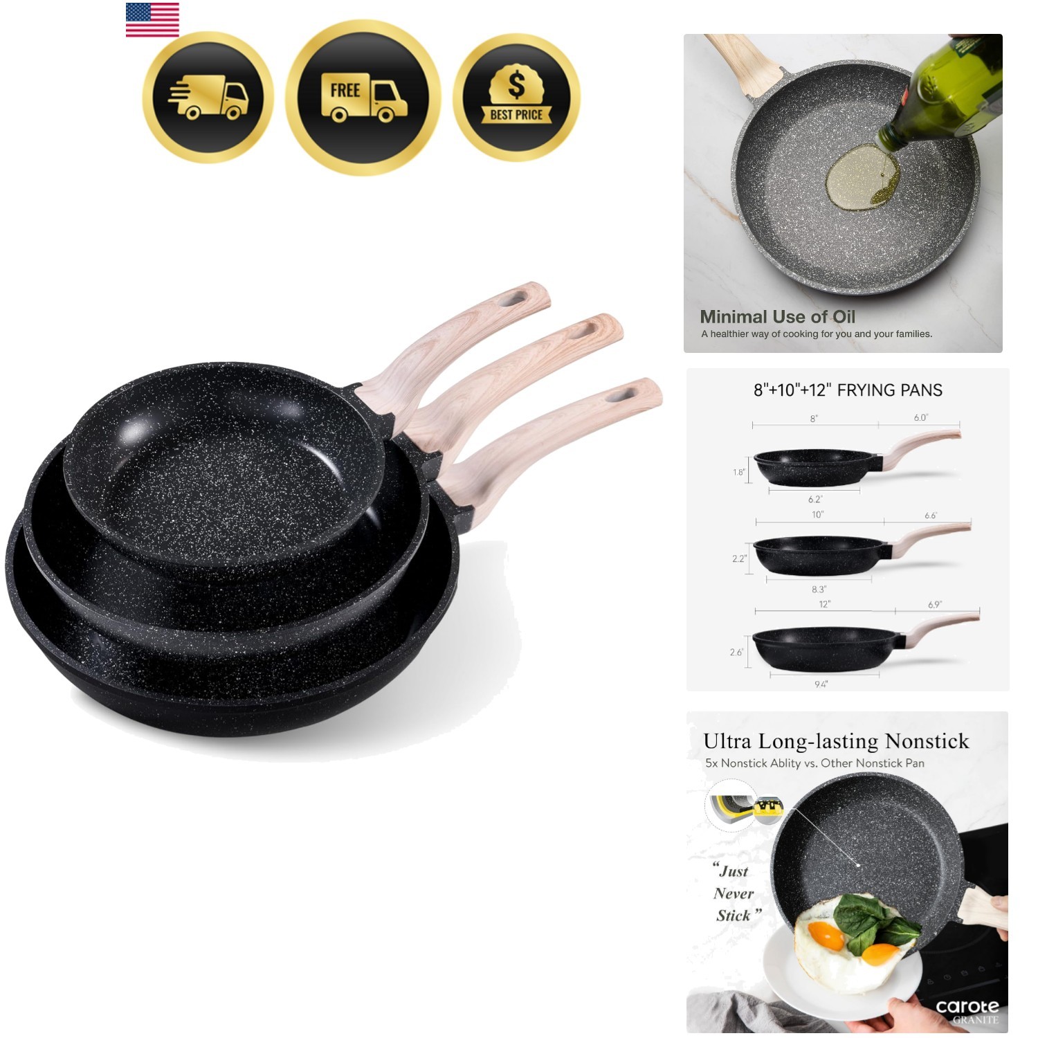 Non Stick Frying Pan Skillet Set, Omelet Pan, Healthy Non Toxic Granite Chef …