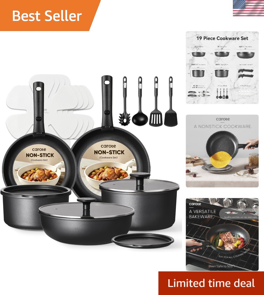 19-Piece Non-Stick Cookware Set with Detachable Handle – Ideal for All Cooking