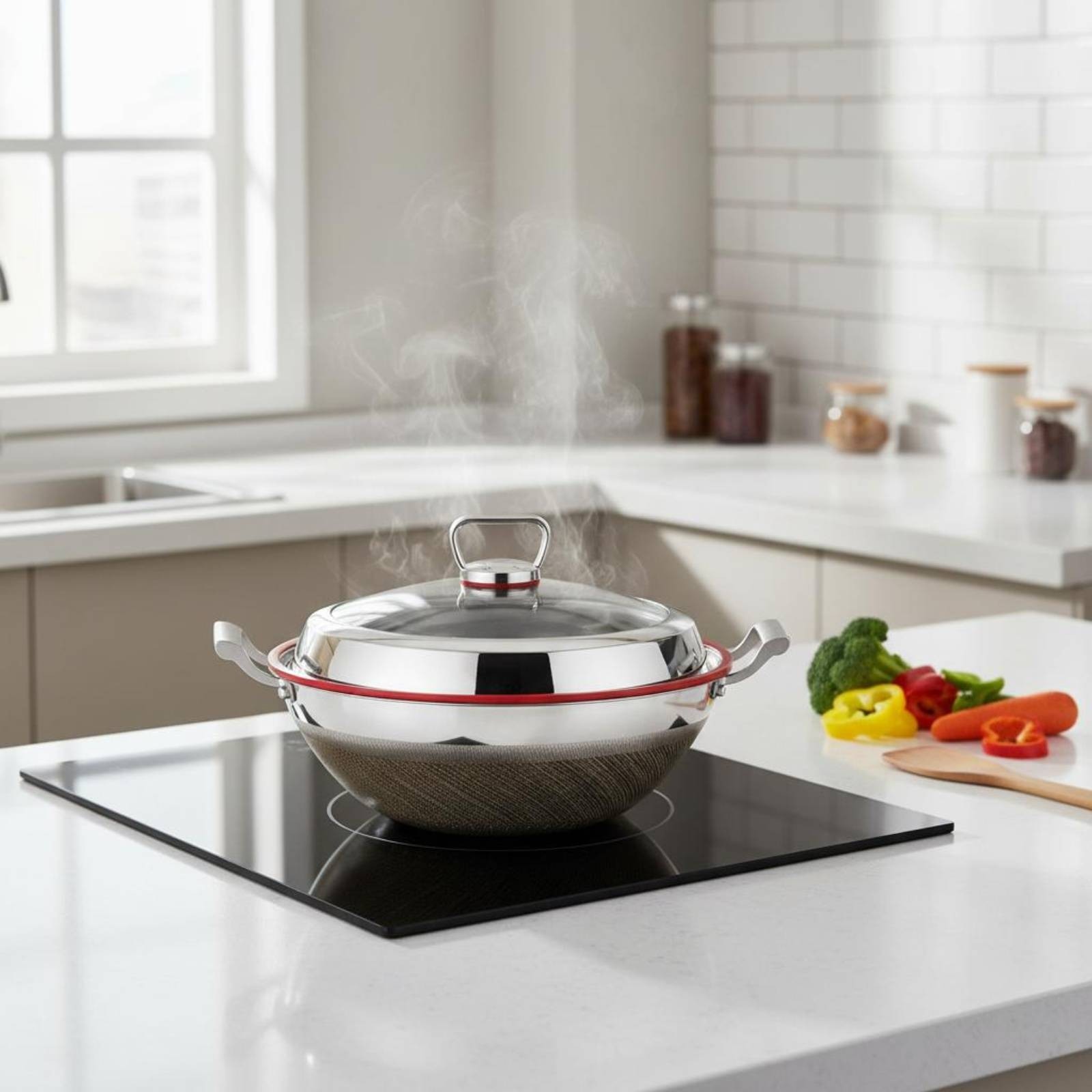 Stainless Steel Wok Nonstick Deep Wok Metal Utensil Safe for Cooktop Top