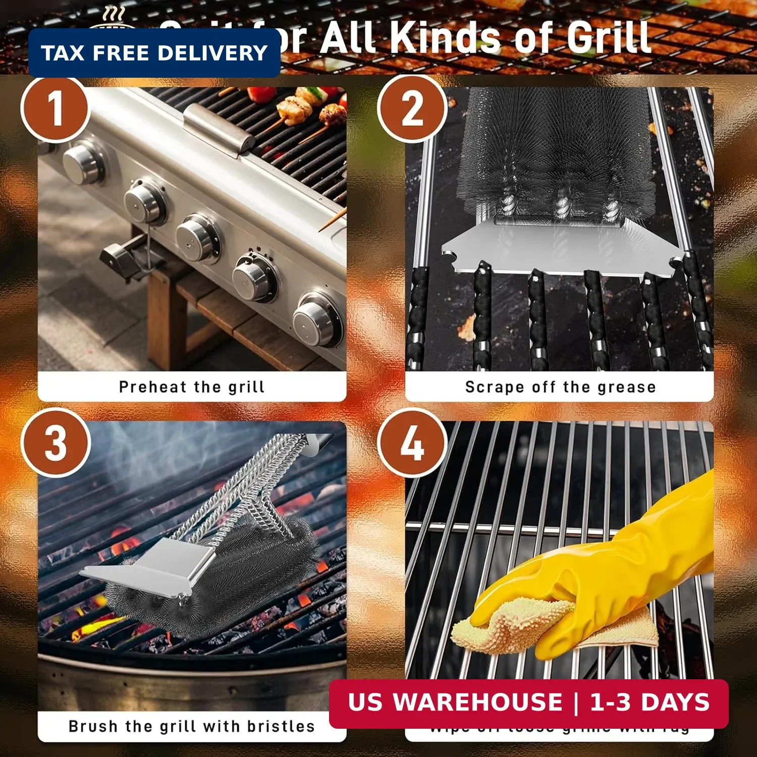 Grill Brush and Scraper-18 Adjustable Handle Safe BBQ Grill Brush for Outdoor Gr
