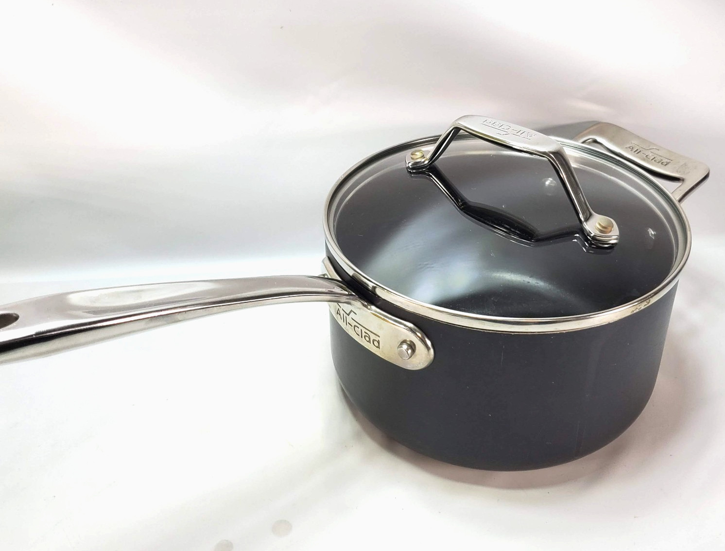 All Clad 2.5 qt Anodized Saucepan Glass Lid Non Stick Long Handle