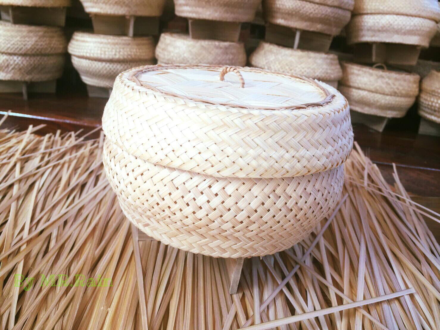 Vintage Thai Handicraft Cooker Bamboo Basket&Lid Steamer Sticky Rice Dim Sum X 2