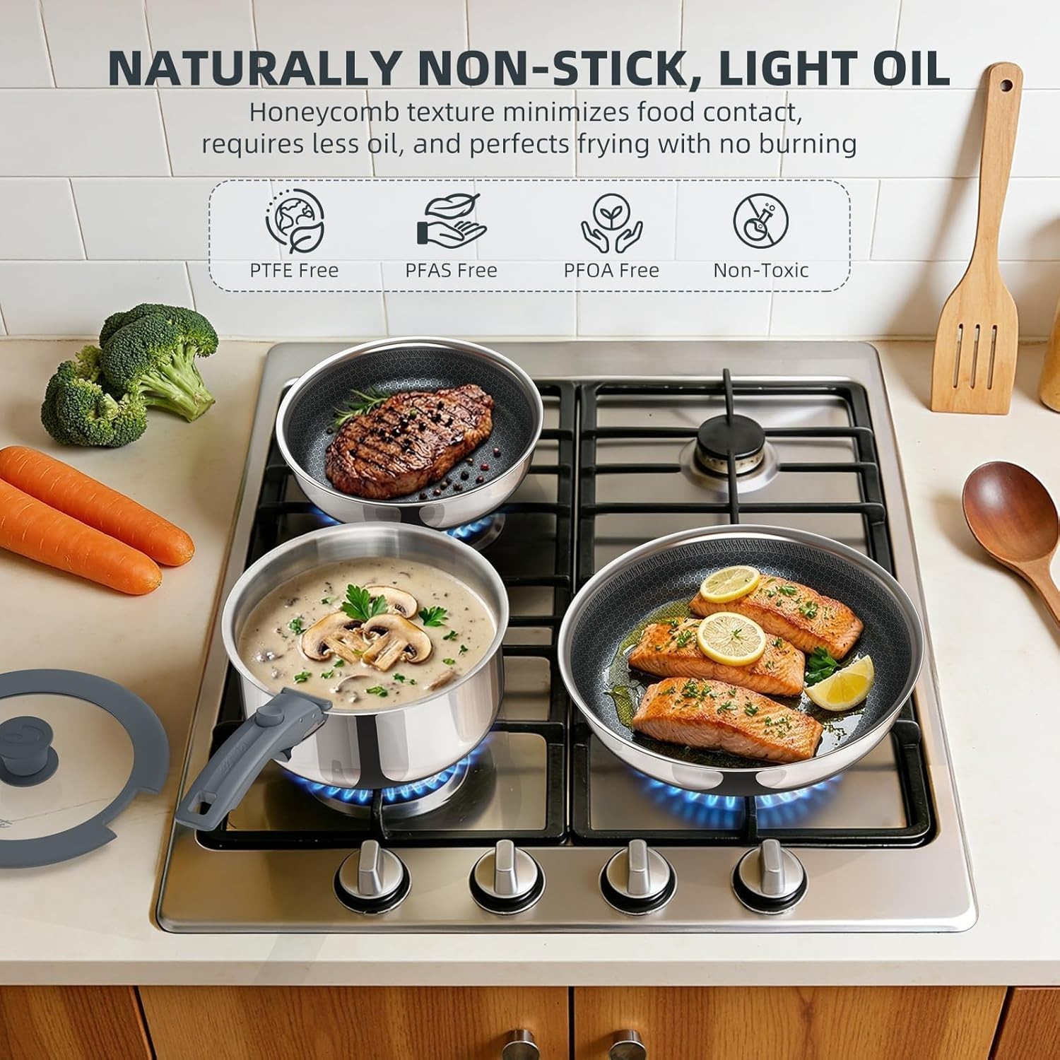 6-Piece Hybrid Stainless Steel Pots and Pans Set Non Stick, Tri-Ply Stainless…