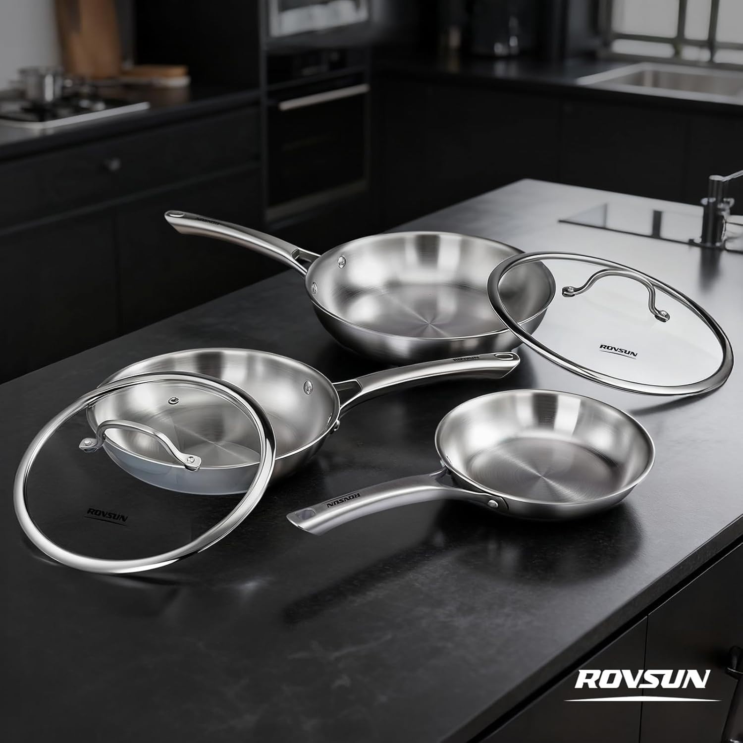 ROVSUN 8-10-12 Inch Stainless Steel Cookware Set, 3 Pcs Tri-Ply Skillets Set, Fu
