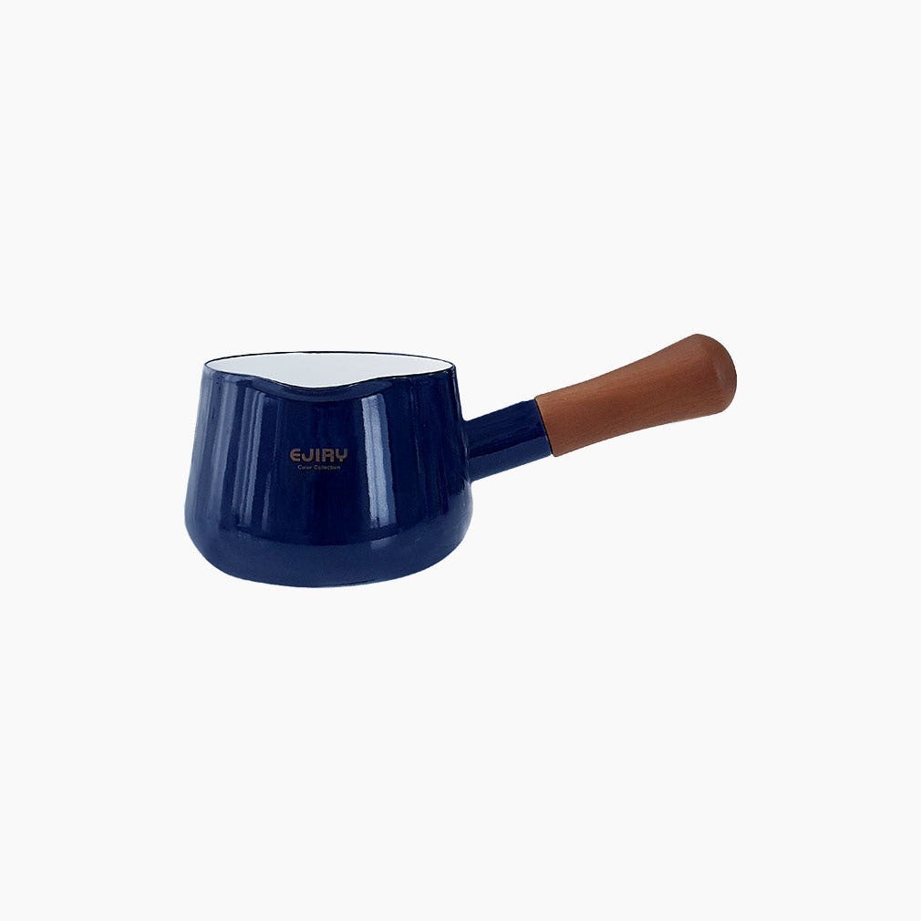 EJIRY Enamel Milk Pan 12cm Induction Saucepan 0.8L Pour Spout Red Blue