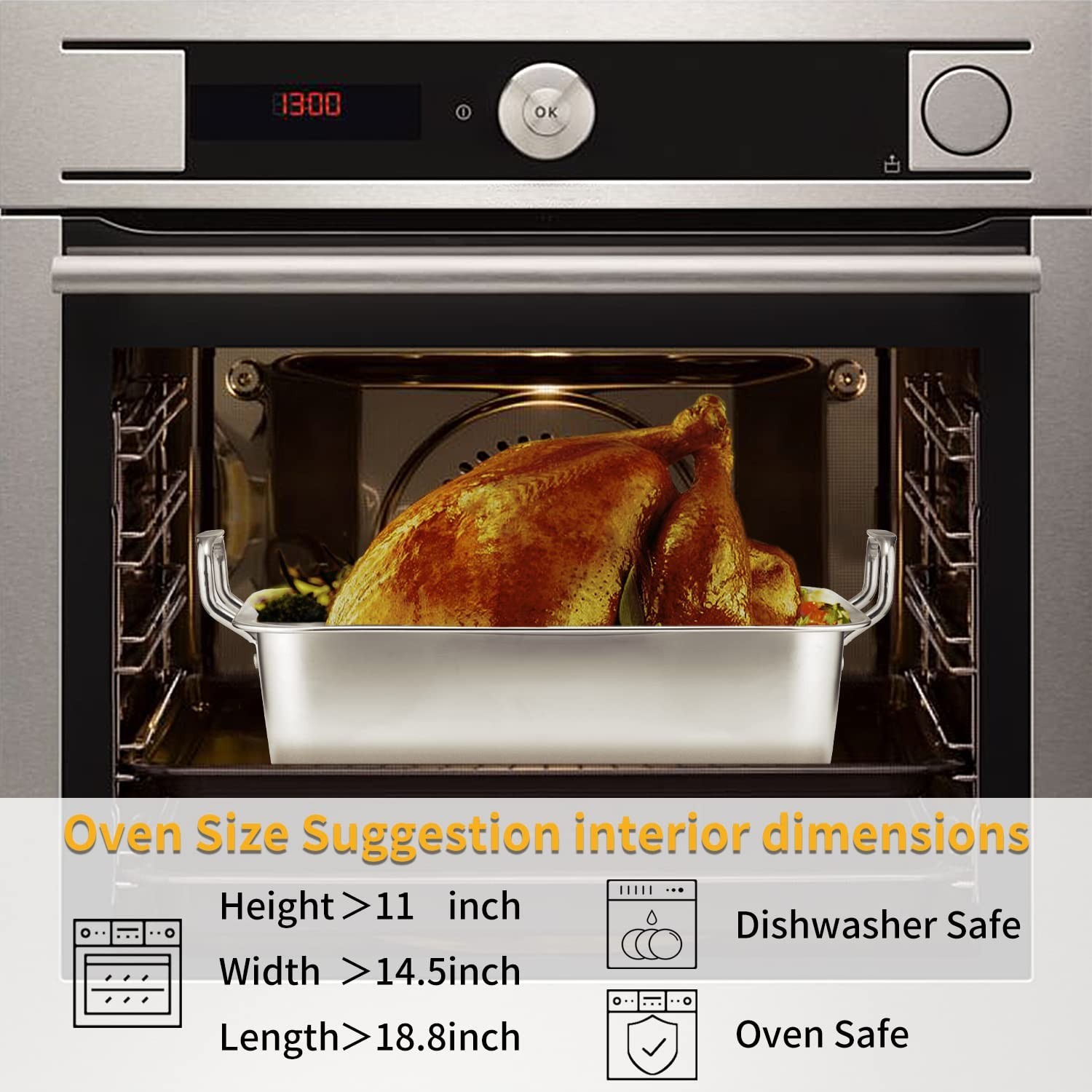 15″ Stainless Steel Roasting Pan with Cooling Rack – V-Shaped Turkey & Chicken R