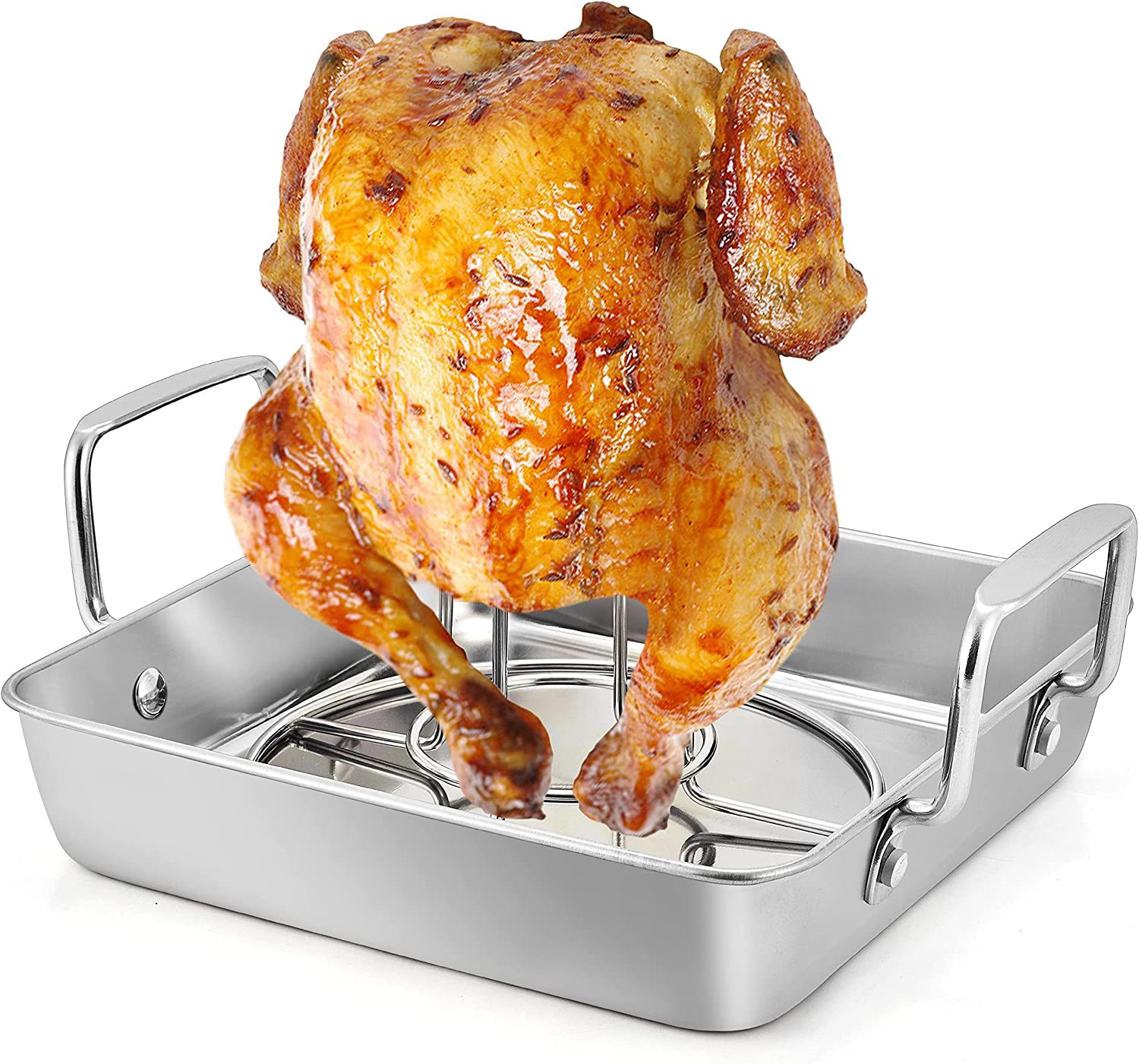 Roasting Pan with Beer Can Chicken Holder, Stainless Steel Drip Pan with Vertica