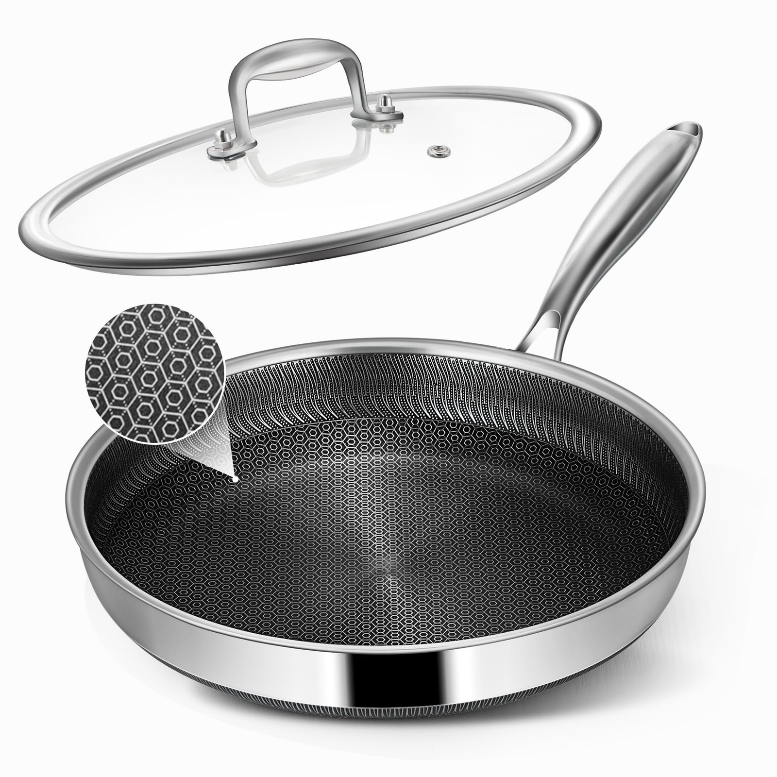 Frying Pans, 10-inch with Lid, Hybrid Frying Pans Stainless Steel Skillets, D…