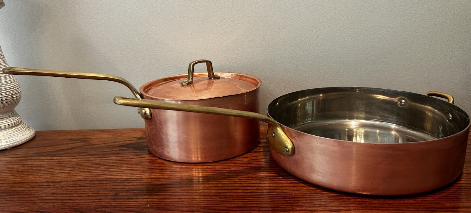 Vtg Copper & Tin Lined Brass Handle 10″ Fry & 2 Qt Covered Sauce Pans Korea