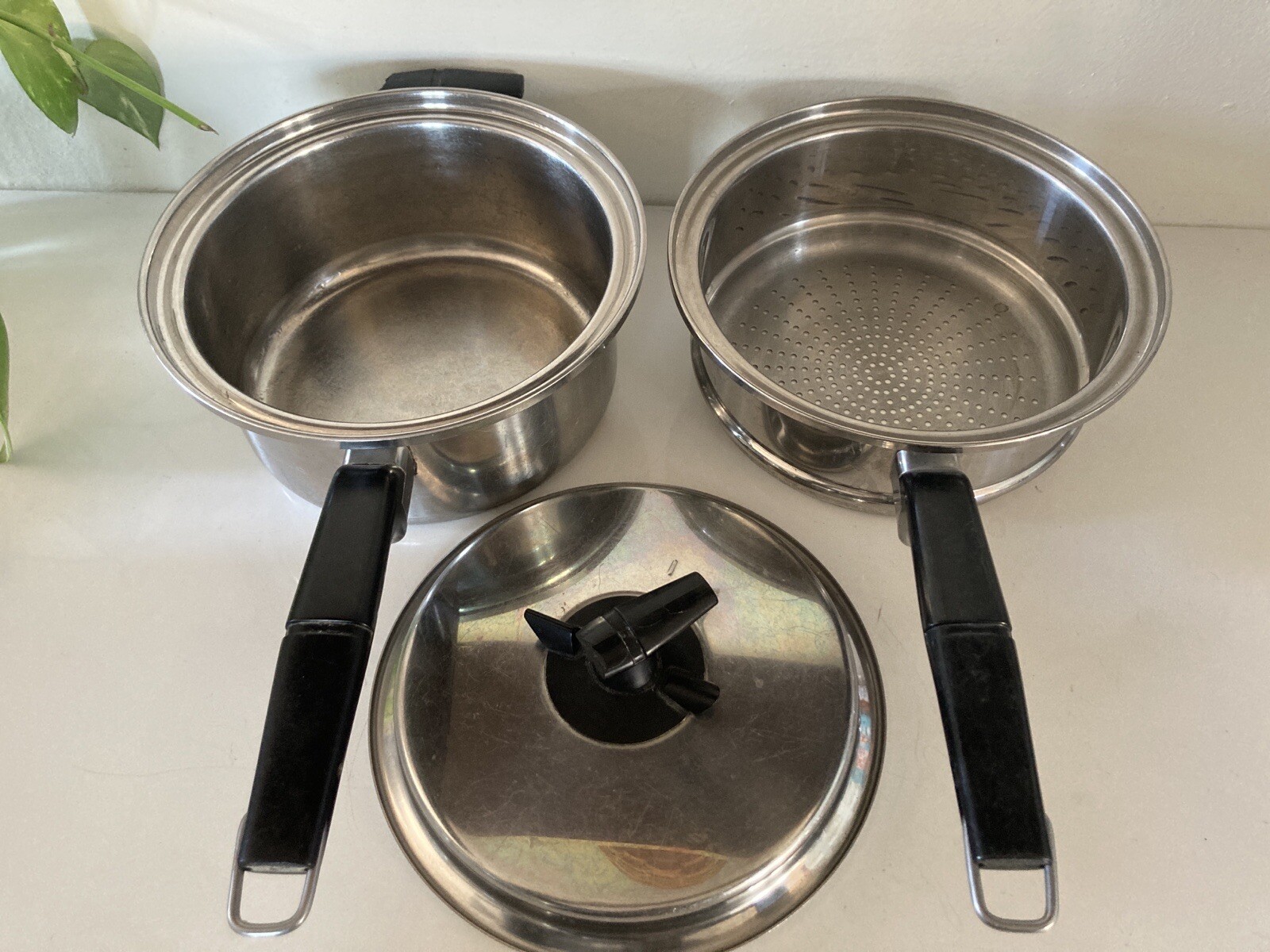 Vtg VACUMATIC 2qt SAUCEPAN w/STEAMER & VENT LID Surgical Stainless Steel 304 Flw