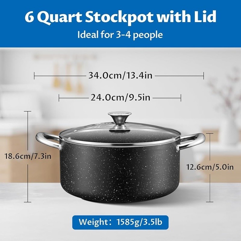 Granite Coated Non-Stick 6QT Induction Cooking Pot W/ Lid Aluminum Soup Pot New