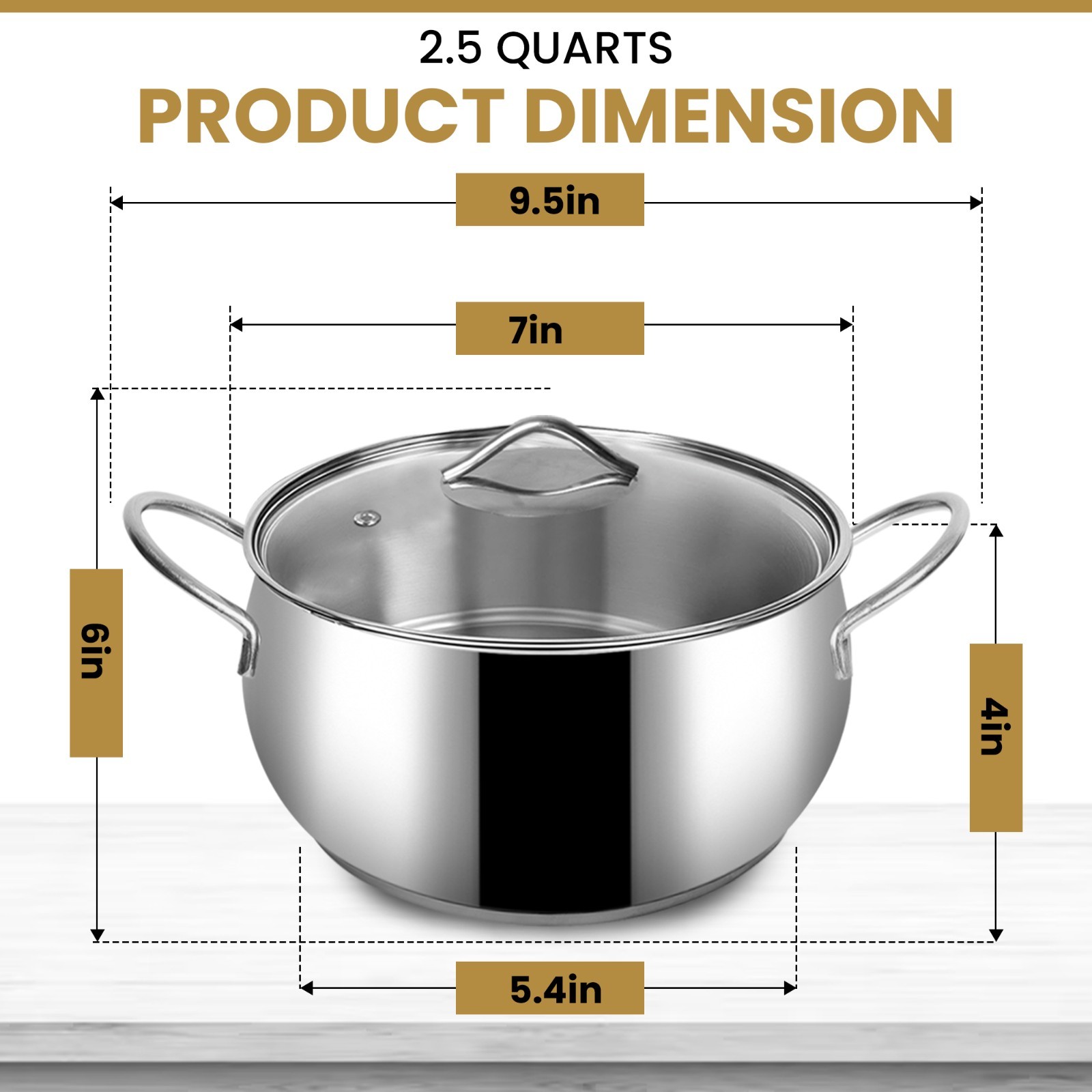 Stainless Steel Cooking Pot w/ Glass Lid Double Handle Gas Safe 2.5/4/6.34 Quart
