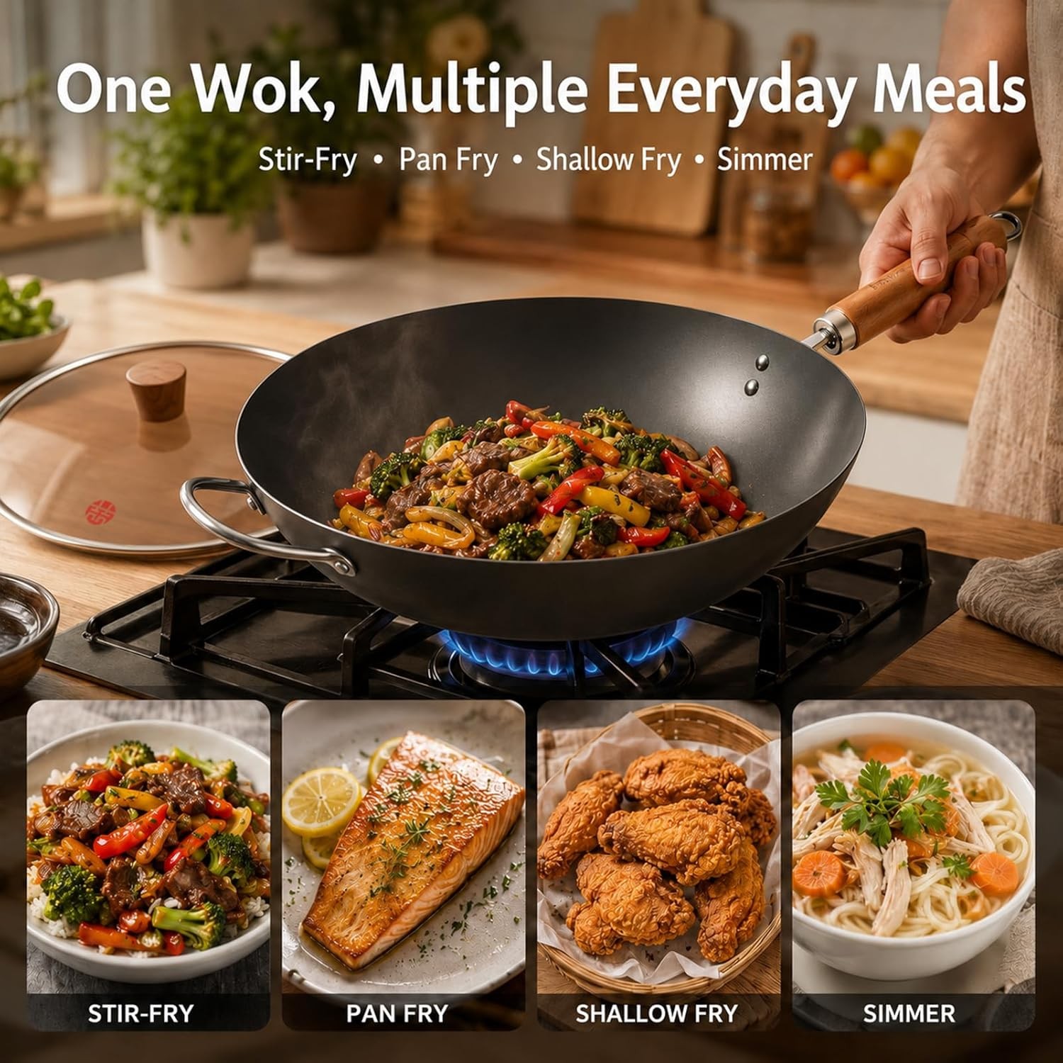 Carbon Steel Wok with Lid, 12.6 Inch Flat Bottom Wok Pan, Uncoated Stir Fry Pan