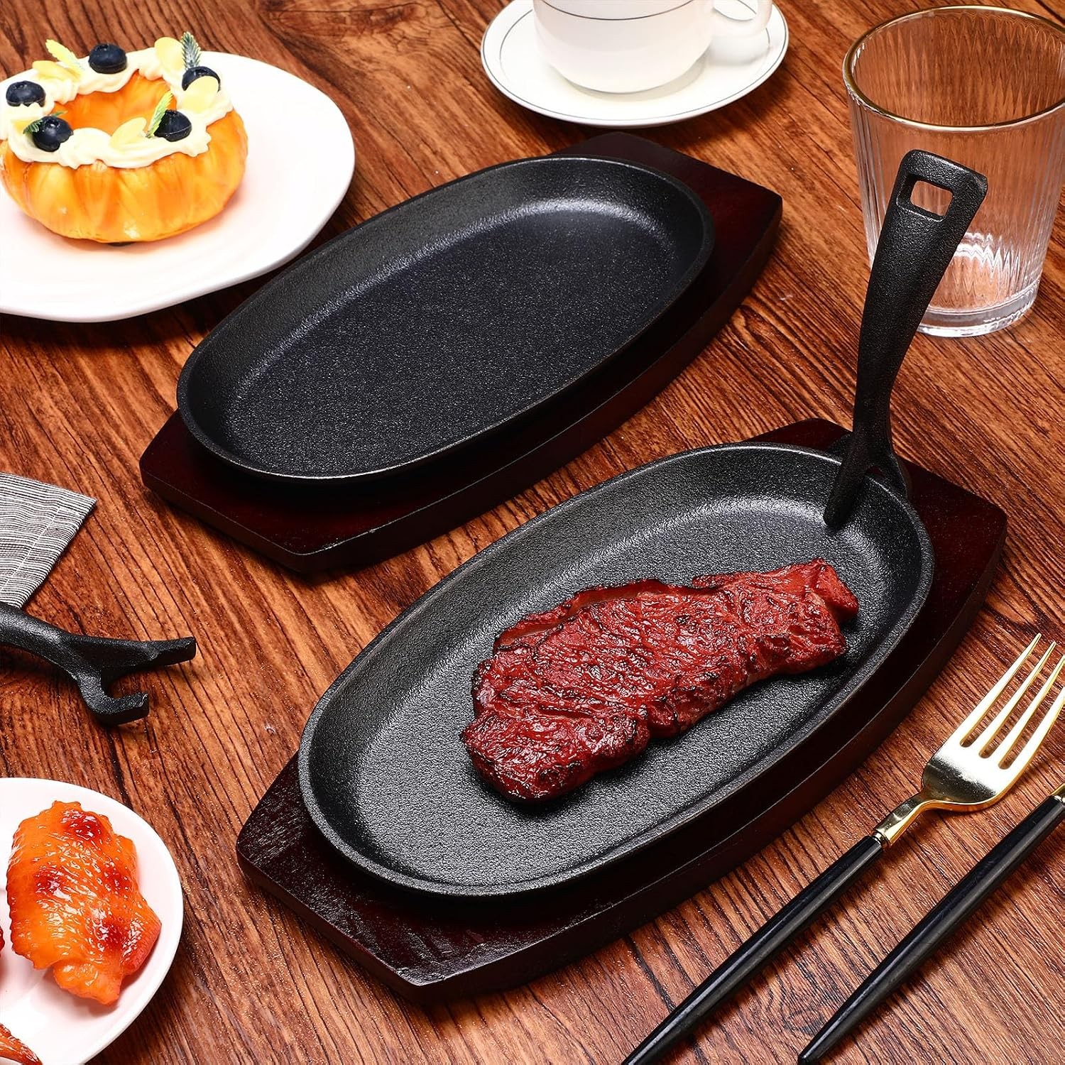 12 Pieces Cast Iron Fajita Skillet Pan Set Sizzling Steak Plate with Wooden Base