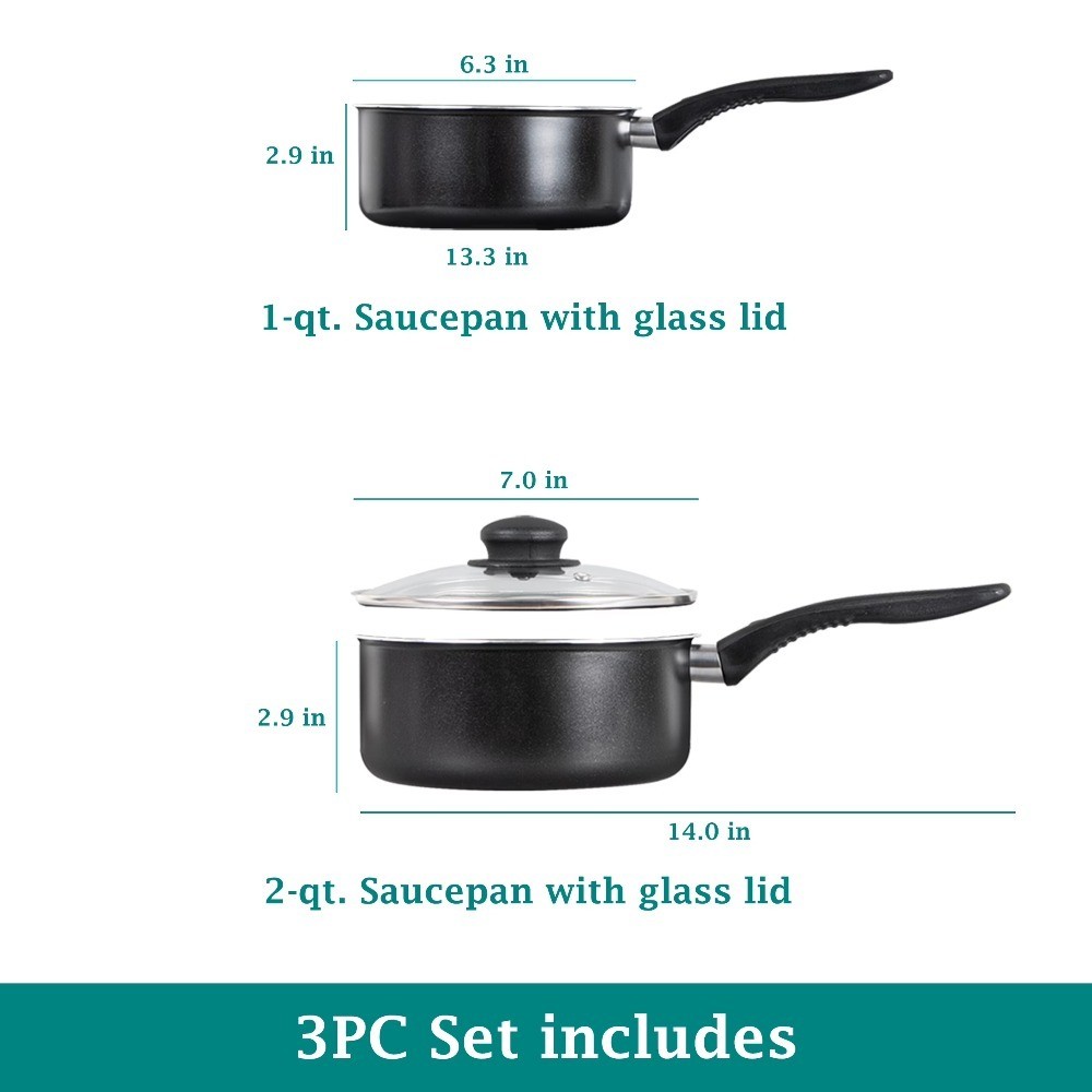 Non-Stick Saucepan Set of 3, 1 Quart & 2 Quart Pots with Glass Lid