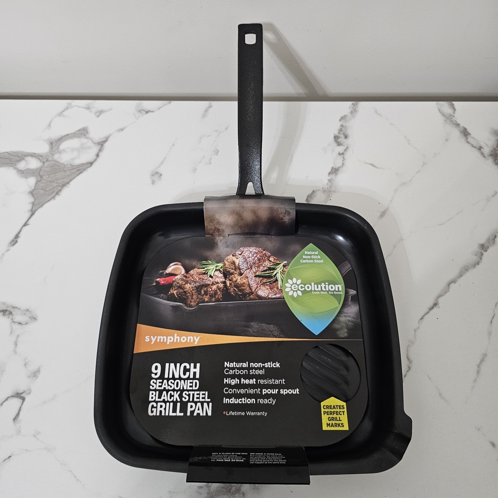 Symphony 9-inch Seasoned Black Steel Grill Pan ESSC-3523 Carbon Steel, Non-stick