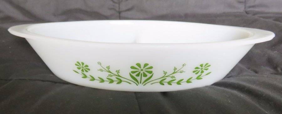 Vtg GLASBAKE Green Daisy Flower Divided Casserole J2352 Oven Oval Retro Floral