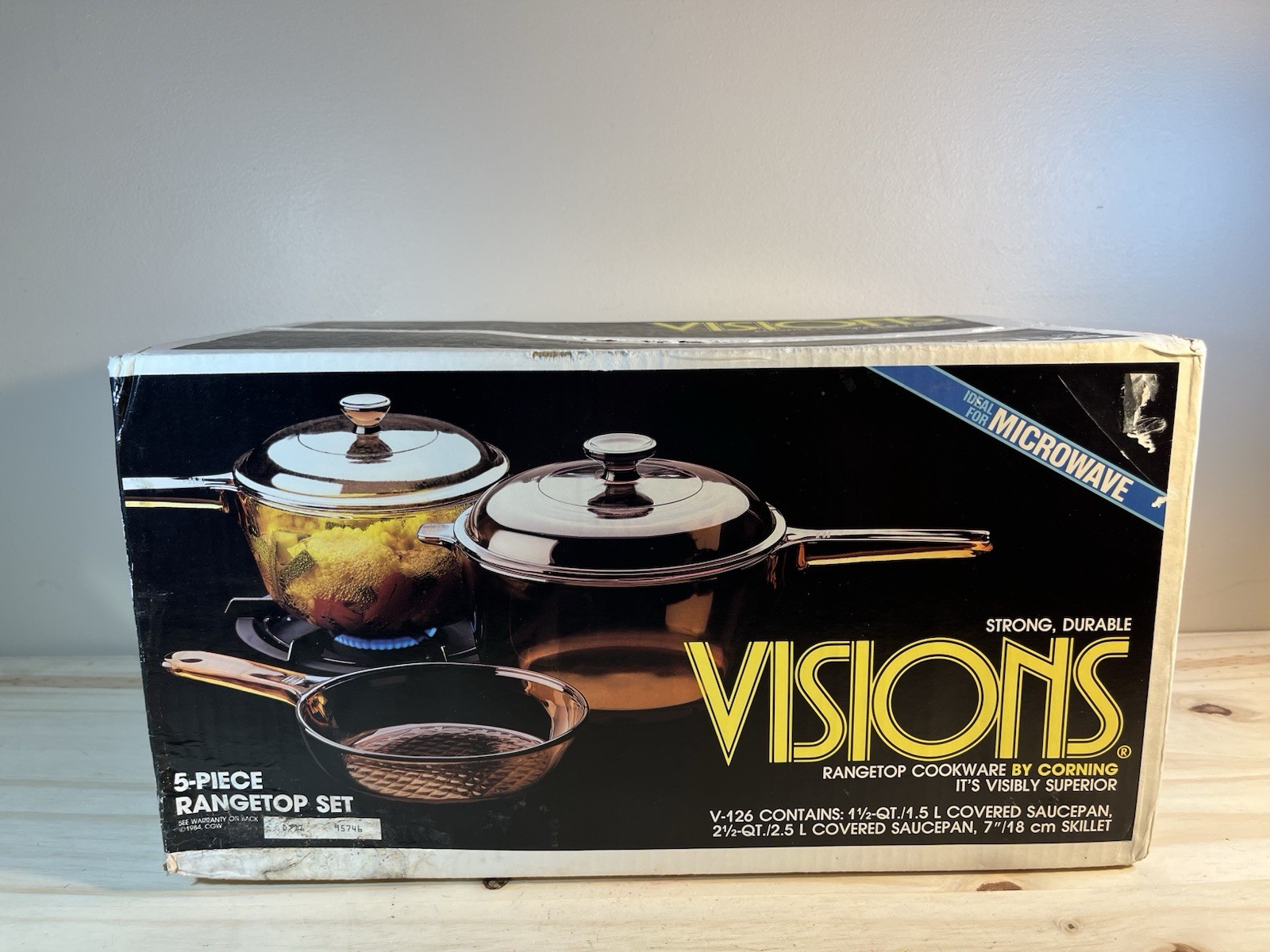 NOS Vintage 1984 Corning Visions Amber 5-pc Rangetop Cookware Set V-126 OPEN BOX