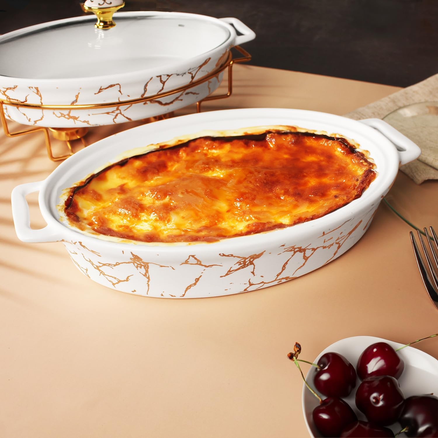 Creativity Home 12″ x 8″ Ceramic Casserole Dish with Glass Cover & Handles 1.7