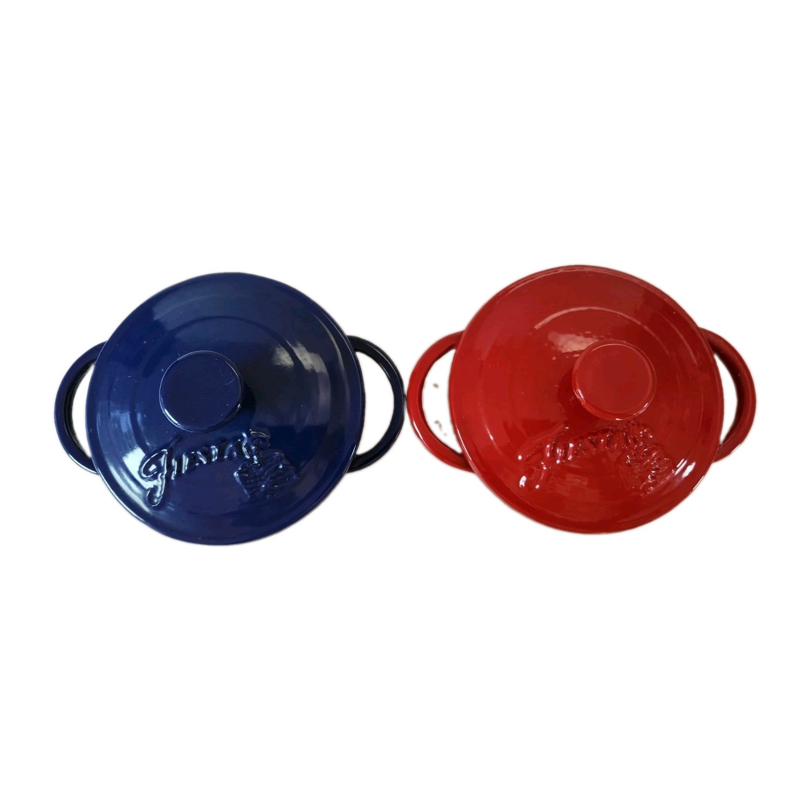 Fiesta Enameled Cast Iron Mini Dutch Oven Casserole Set of 2 Red Blue NWOT 0.35q