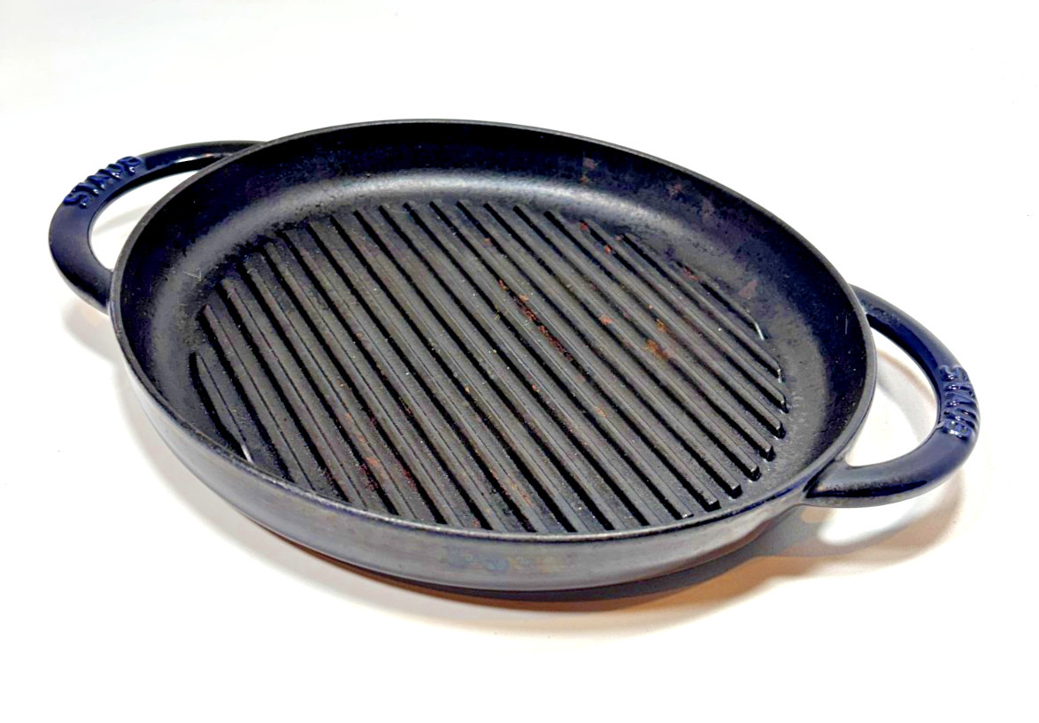 Staub Pure 10.5″ Round Enameled Cast Iron Grill Pan Dark Blue with Two Handles