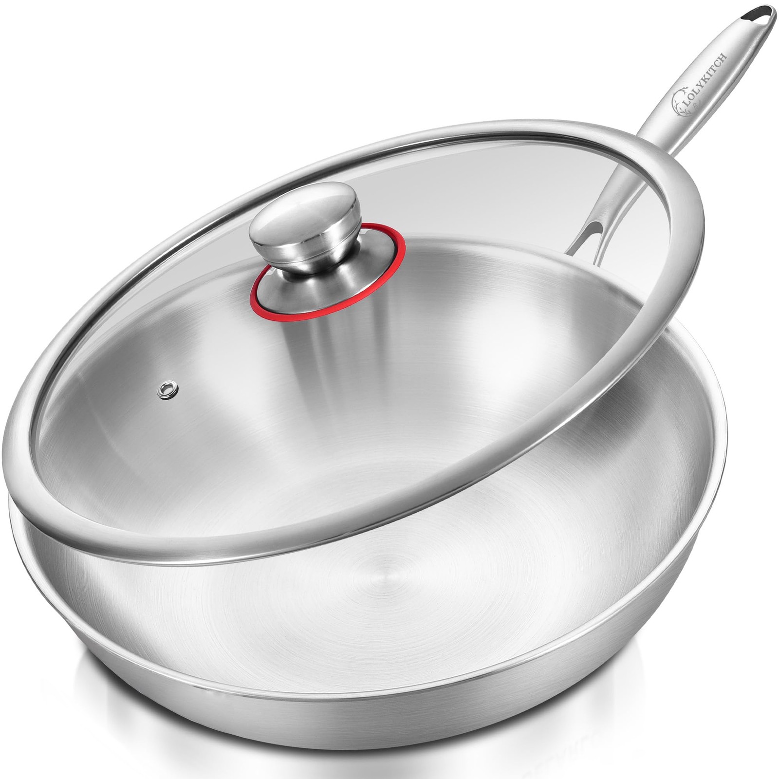 LOLYKITCH Tri-Ply 13 Inch Stainless Steel Wok Pan with Lid, Stir-Frying Pan,Indu