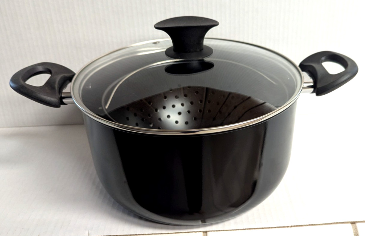 Non-Stick Easy Strain Pot Tilt Cookware 3-pc Black Clear Steam Release Lid NEW