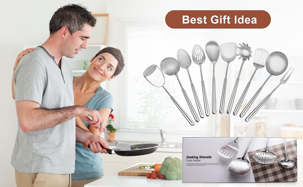 18 10 Stainless Steel Cooking Utensils Set, 10pcs Long Metal Kitchen Utensils