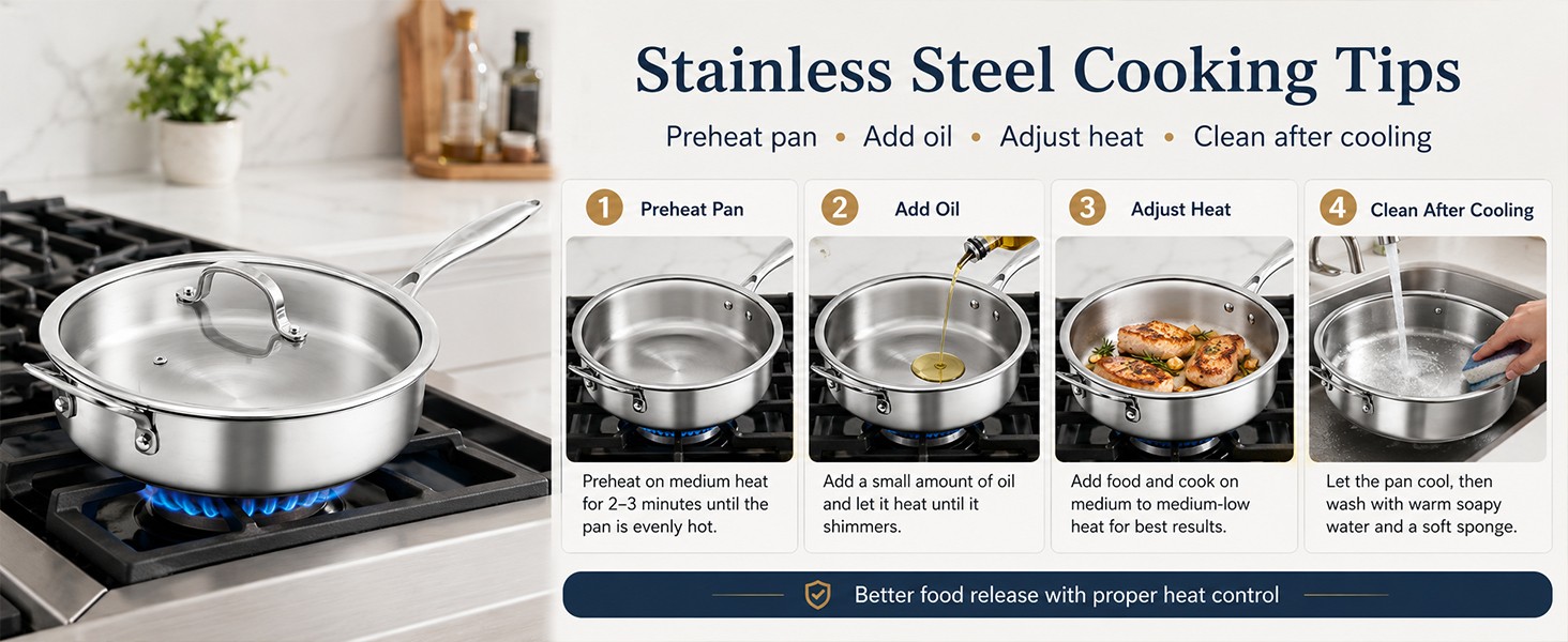 11 Inch Tri-Ply Stainless Steel Saute Pan with Glass Lid, 4.7 QT Deep Skillet