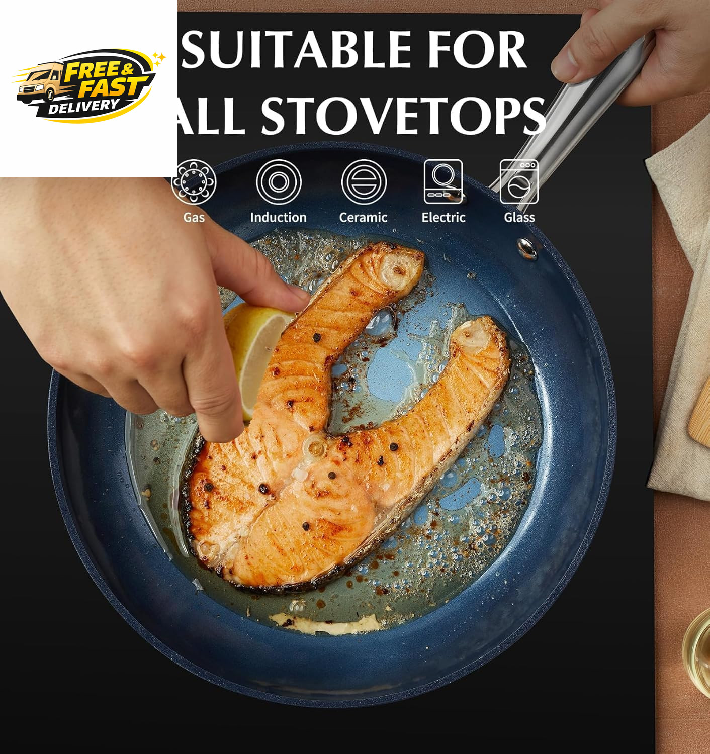 14 Inch Large Frying Pan with Lid, Nonstick Skillet with Ceramic Interior, Large