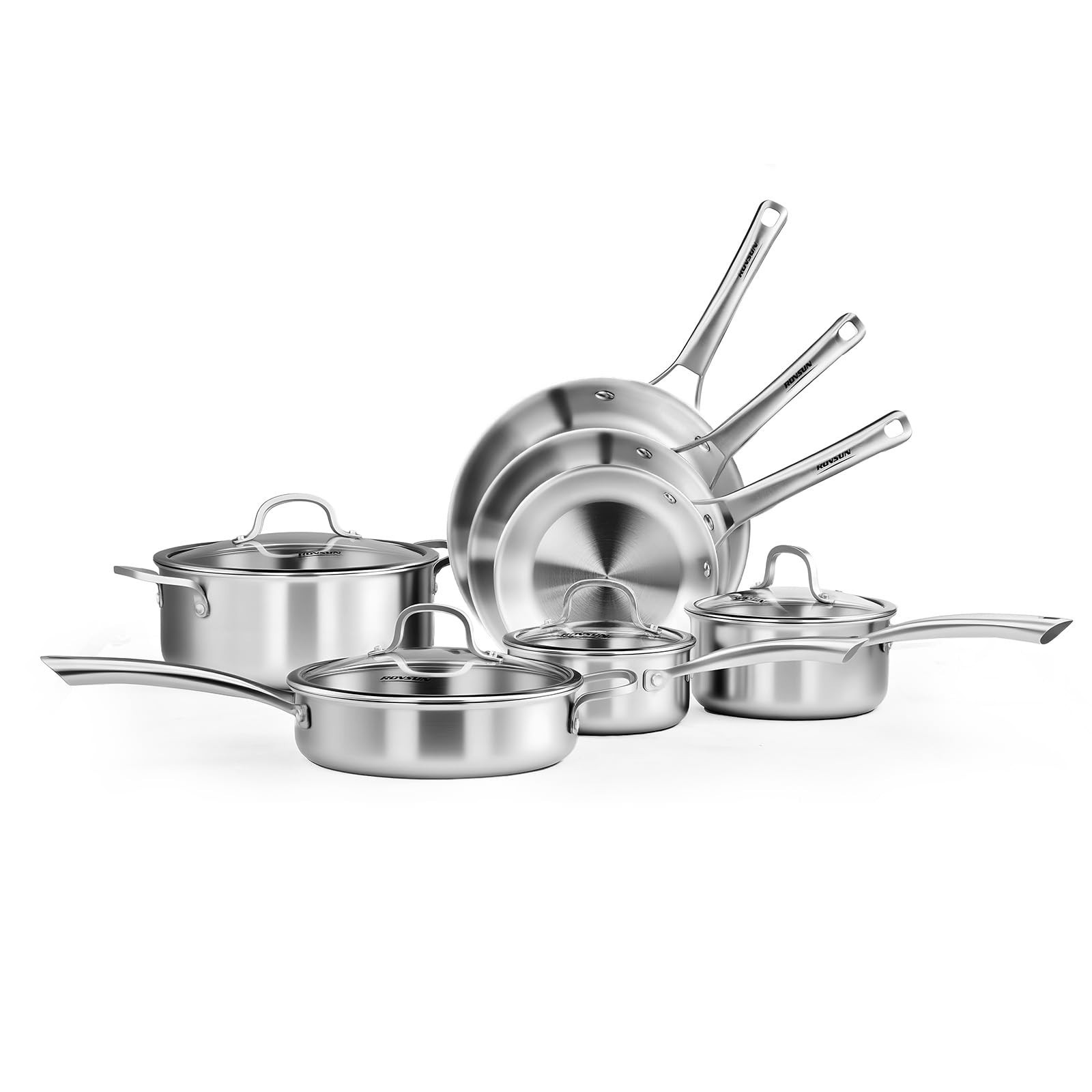 11-Pc Stainless Steel Cookware Set, Tri-Ply Pots & Pans, Non-Toxic, PFOA Free, A
