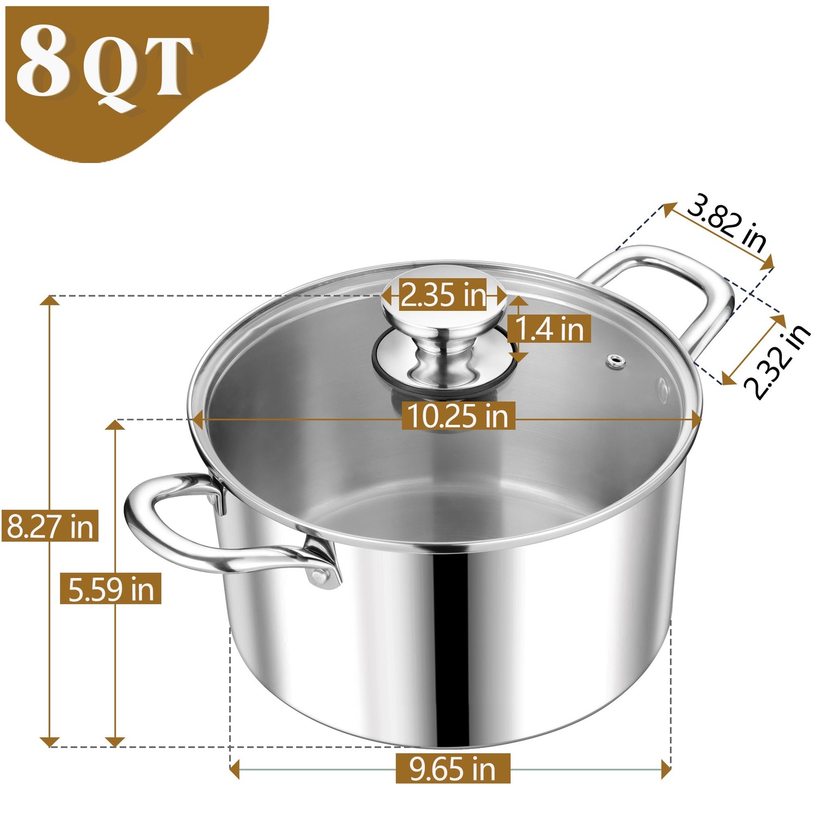 8 Quart Tri-Ply Stainless Steel Stock Pot, 8 Qt Stockpot Pasta Cooking Pot wi…