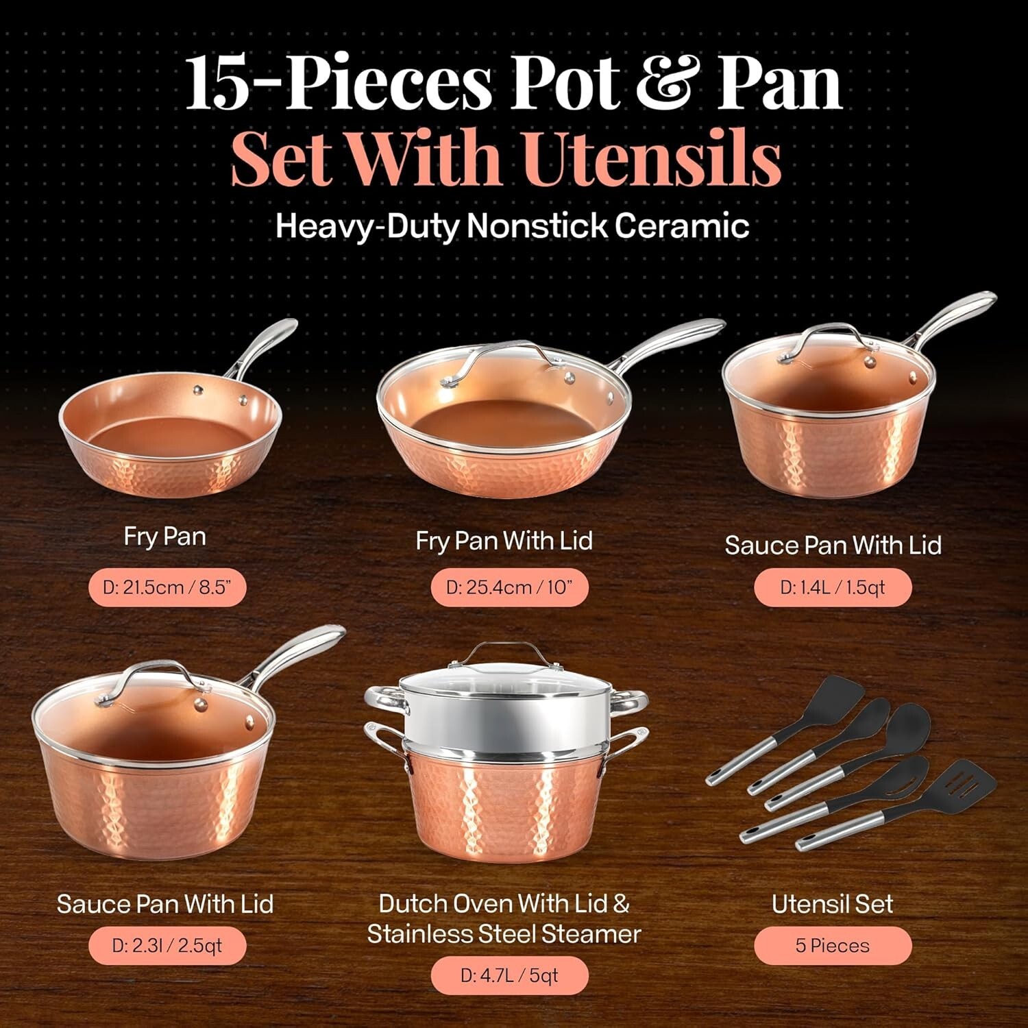 Gotham Steel Hammered 15 Piece Pots and Pans Set Non Stick Cookware Set Kitchen