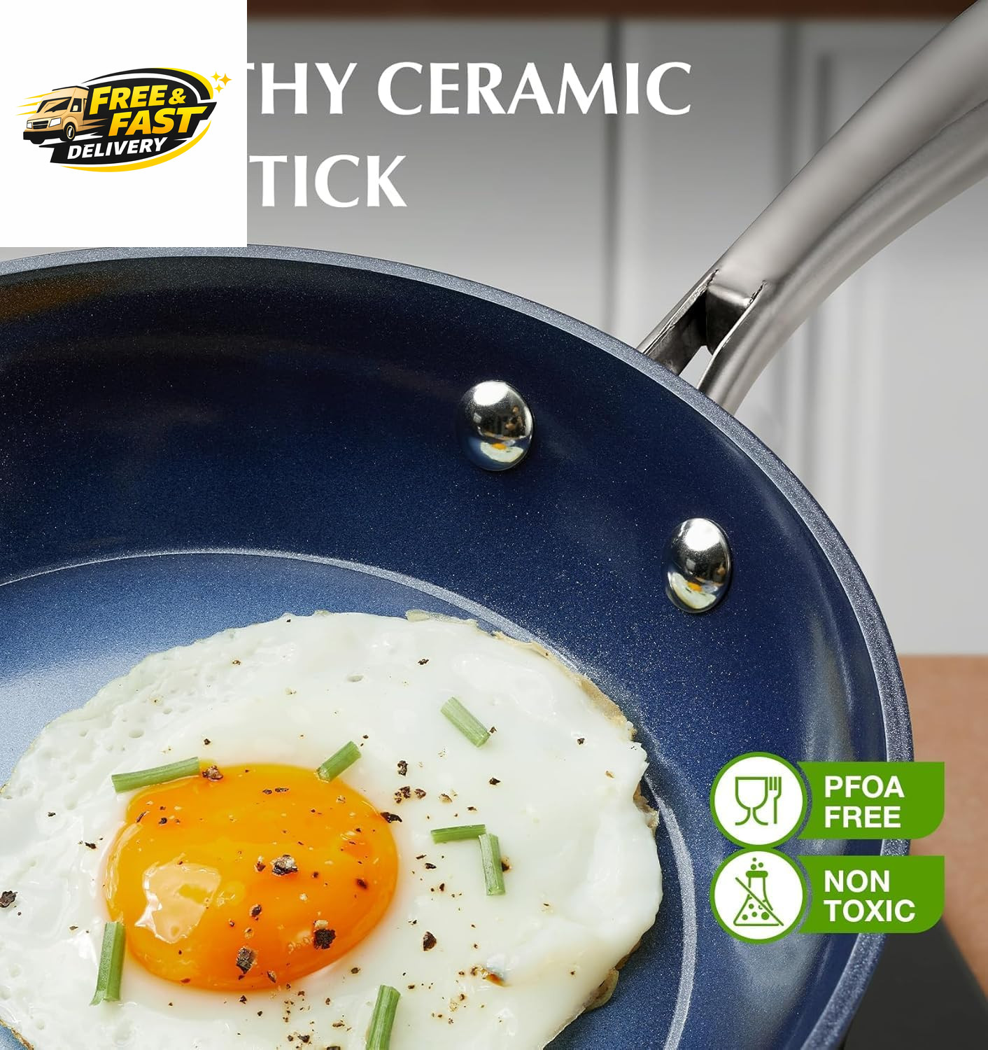 14 Inch Large Frying Pan with Lid, Nonstick Skillet with Ceramic Interior, Large