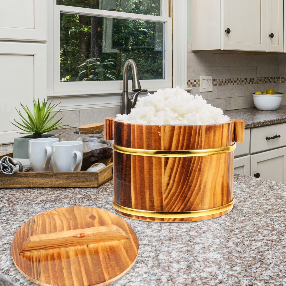 1 Set Wooden Rice Barrel Coffee Color Steaming Bucket for Sushi Serving