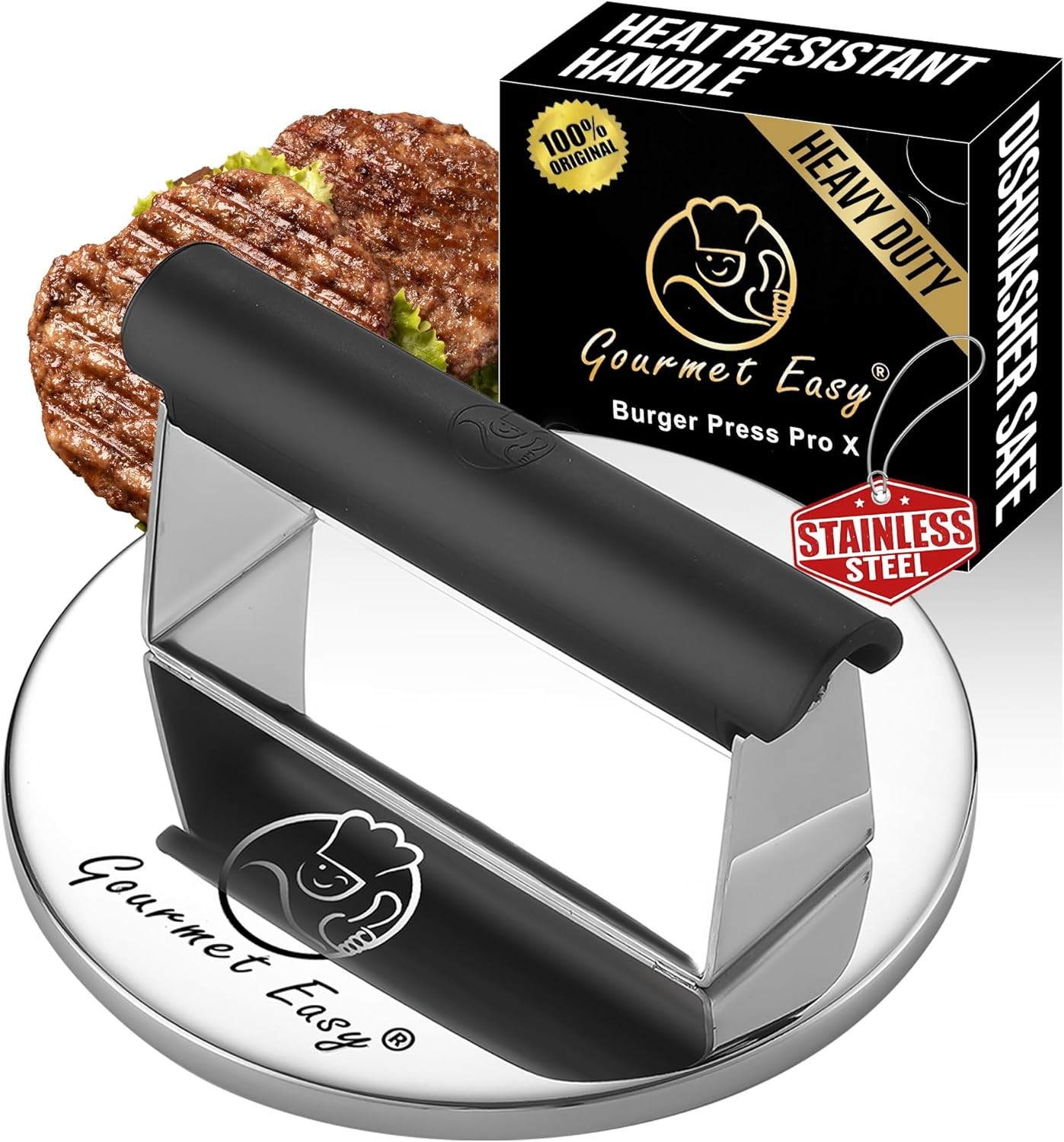 Smash Burger Press Stainless Steel, Burger Smasher for Griddle w/Heat Resistant
