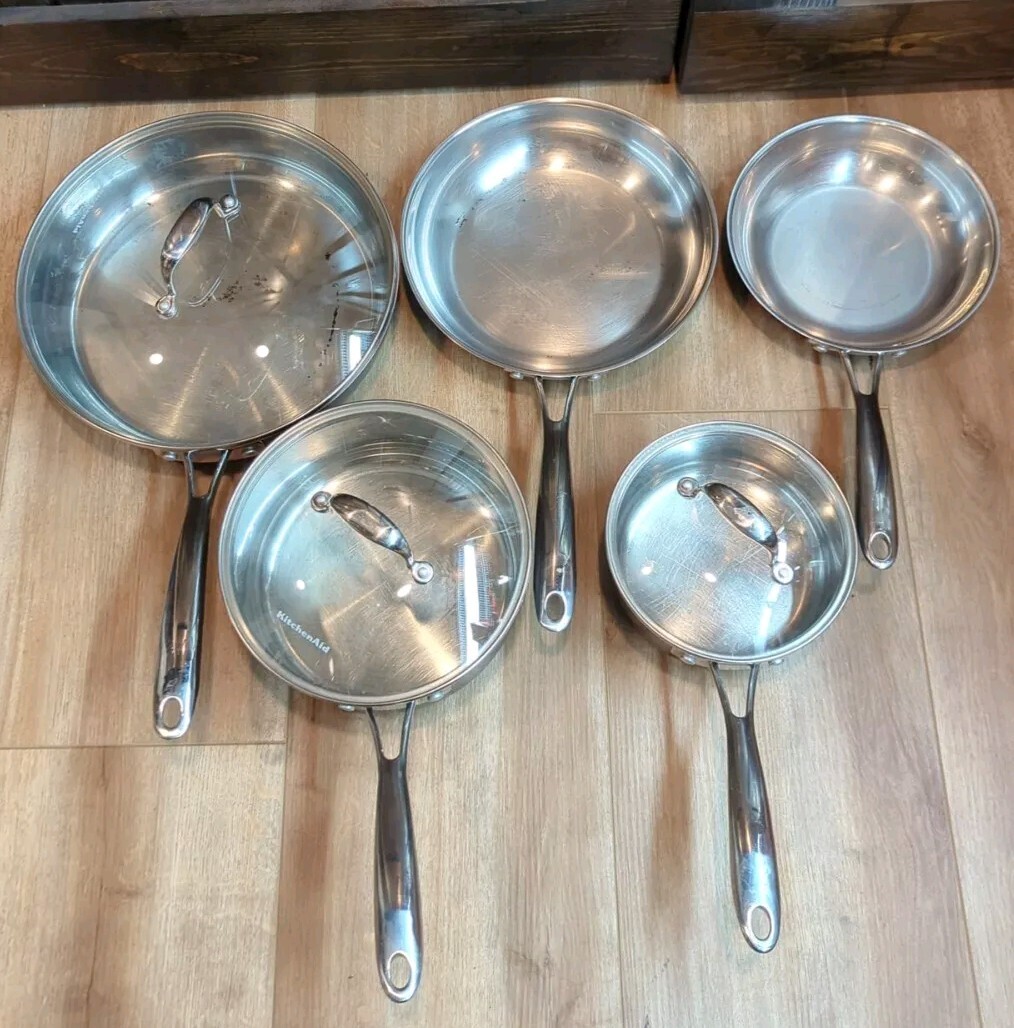 8 Piece Set KitchenAid Stainless Steel Frying & Sauce Pans Lids Charcoal *READ*