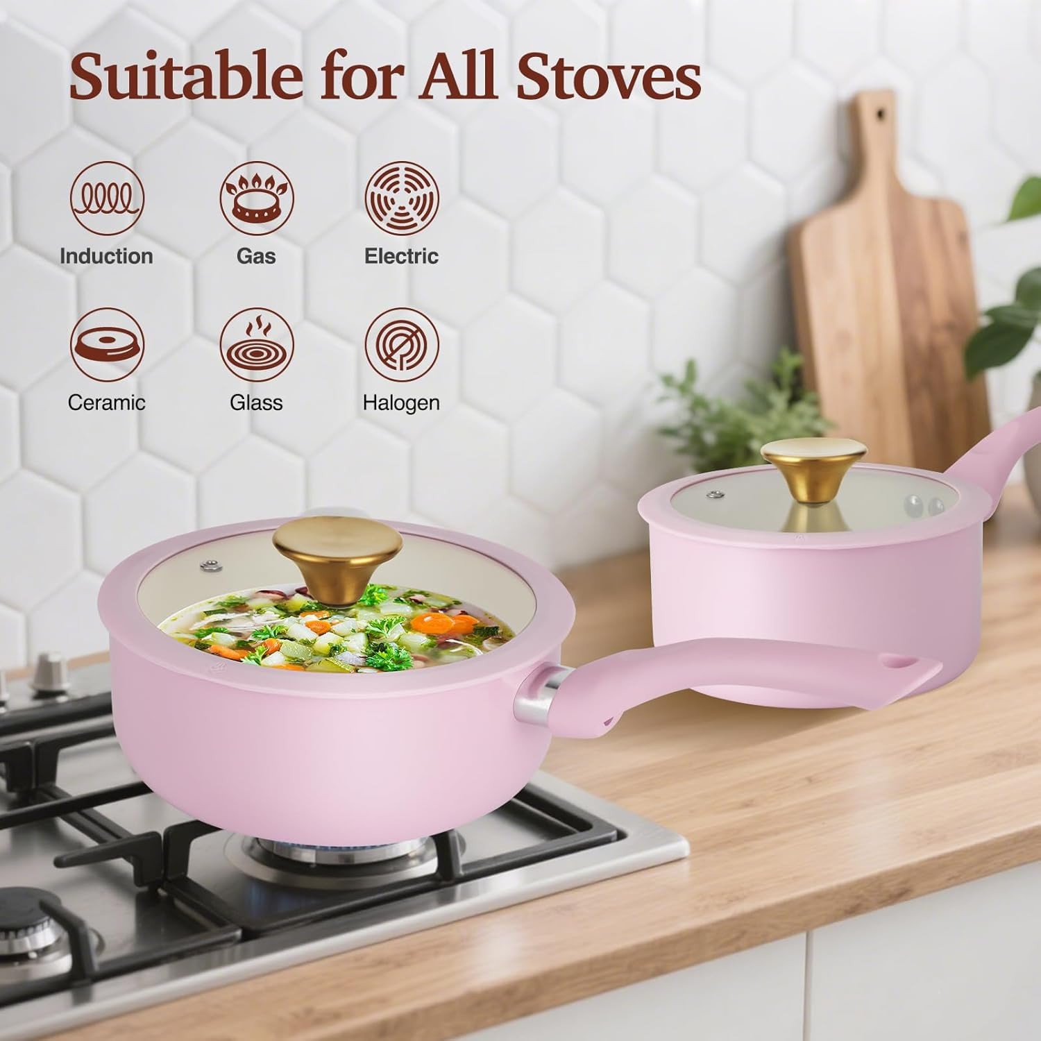 Stylish 11-Piece Pink Non-Stick Cookware Set with Gold Knobs & Stay-Cool Handles