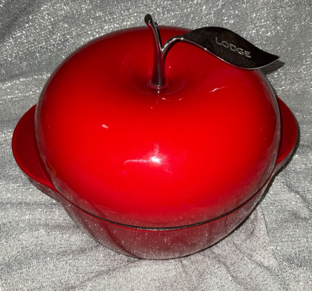 Lodge Enameled Cast Iron Dutch Oven with Lid 3 Qt Red Apple Shaped See Pics