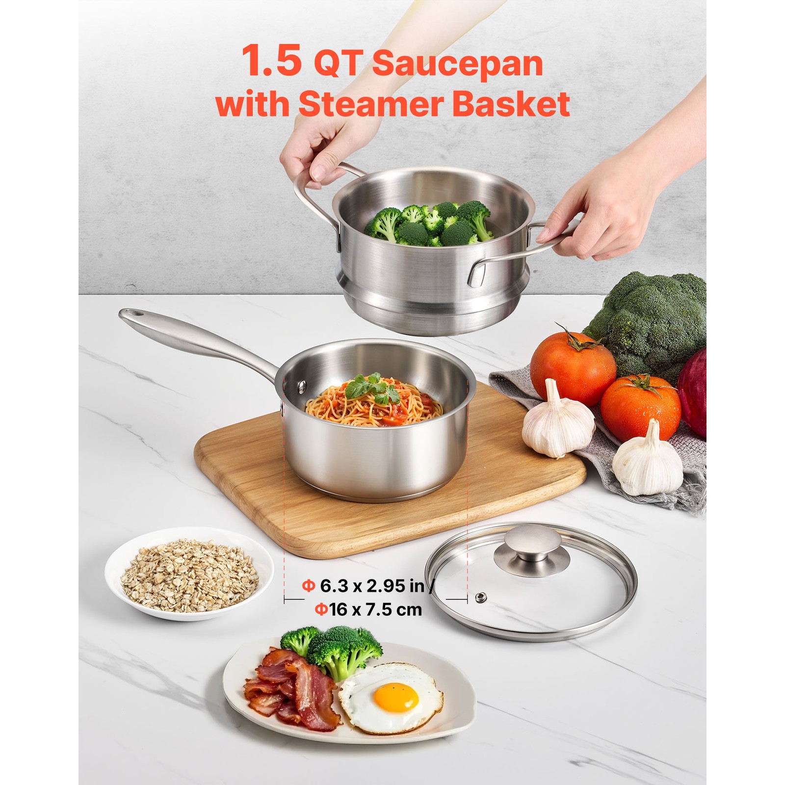 Uimoso 1.5 QT Stainless Steel Saucepan with Steamer and Glass Lid
